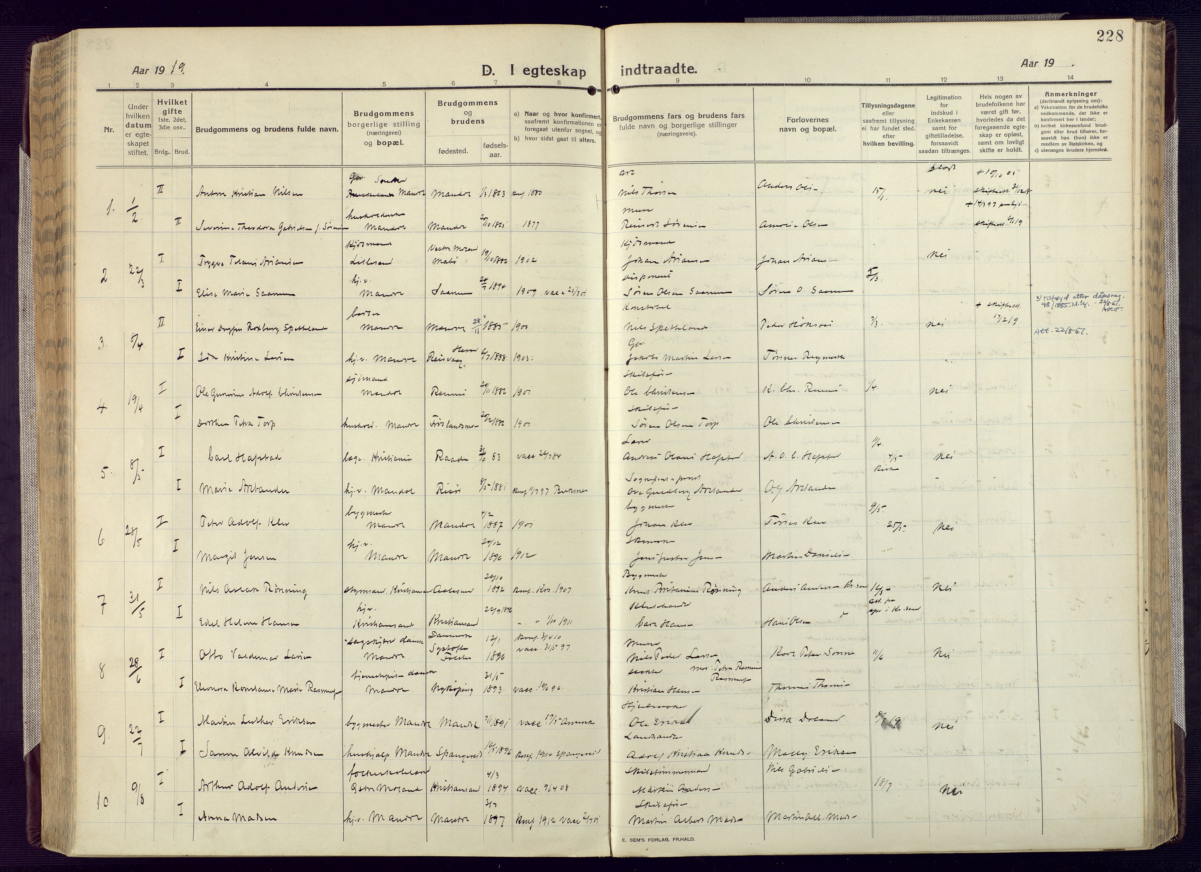 Mandal sokneprestkontor, AV/SAK-1111-0030/F/Fa/Fac/L0001: Parish register (official) no. A 1, 1913-1925, p. 228