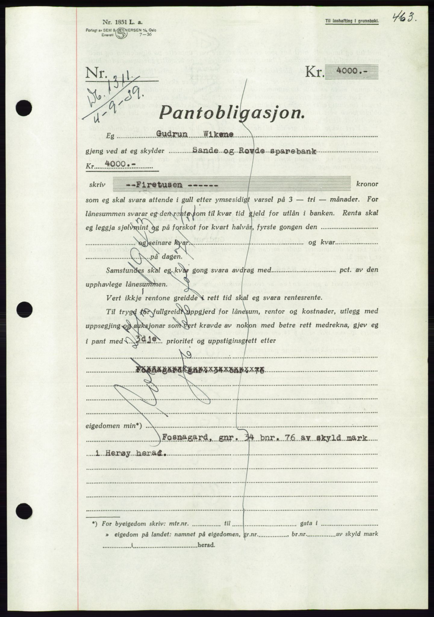 Søre Sunnmøre sorenskriveri, AV/SAT-A-4122/1/2/2C/L0068: Mortgage book no. 62, 1939-1939, Diary no: : 1311/1939