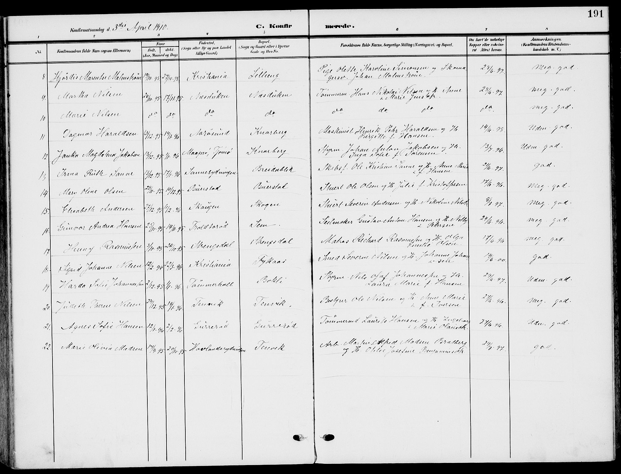 Nøtterøy kirkebøker, AV/SAKO-A-354/F/Fa/L0010: Parish register (official) no. I 10, 1908-1919, p. 191