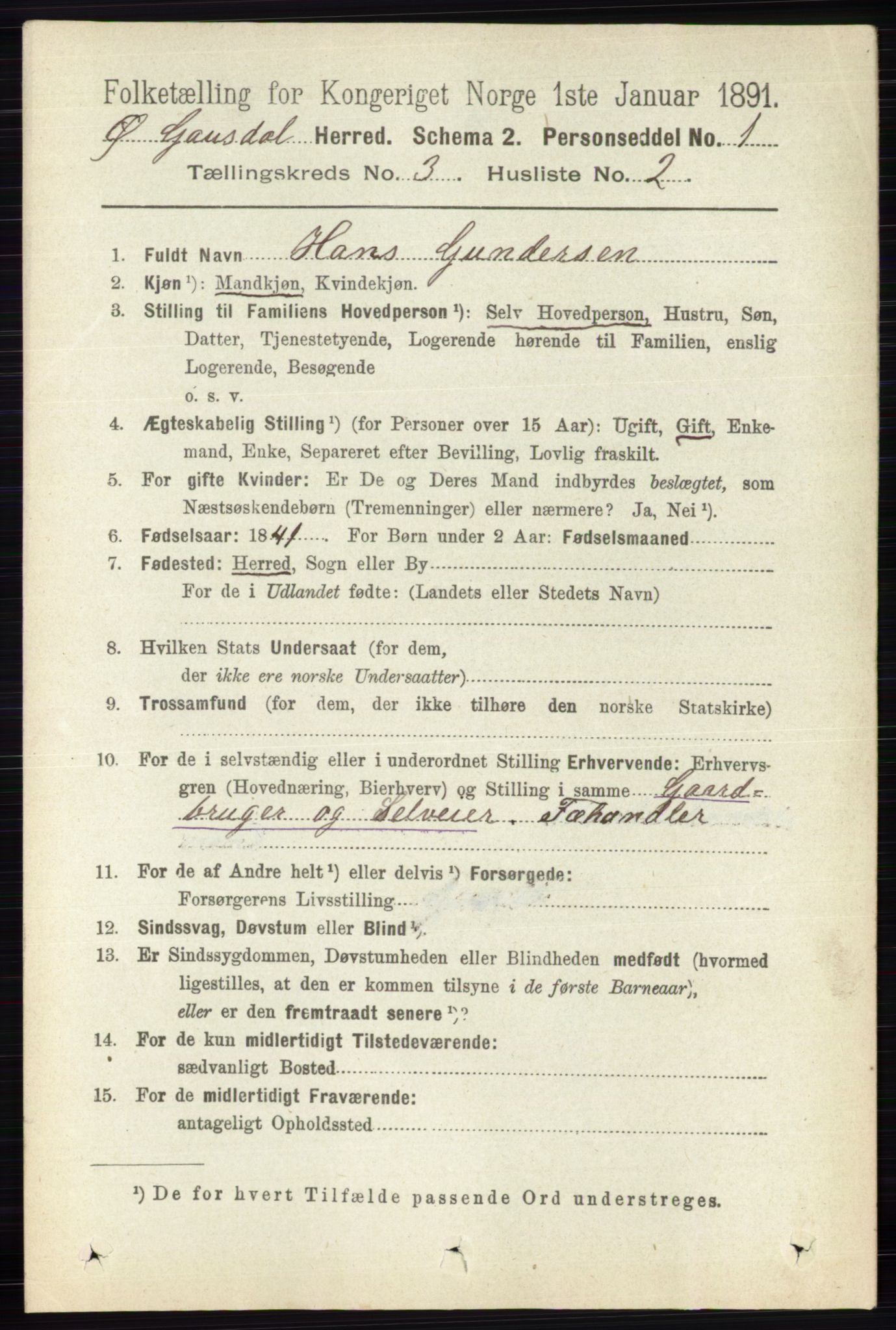 RA, 1891 census for 0522 Østre Gausdal, 1891, p. 1721