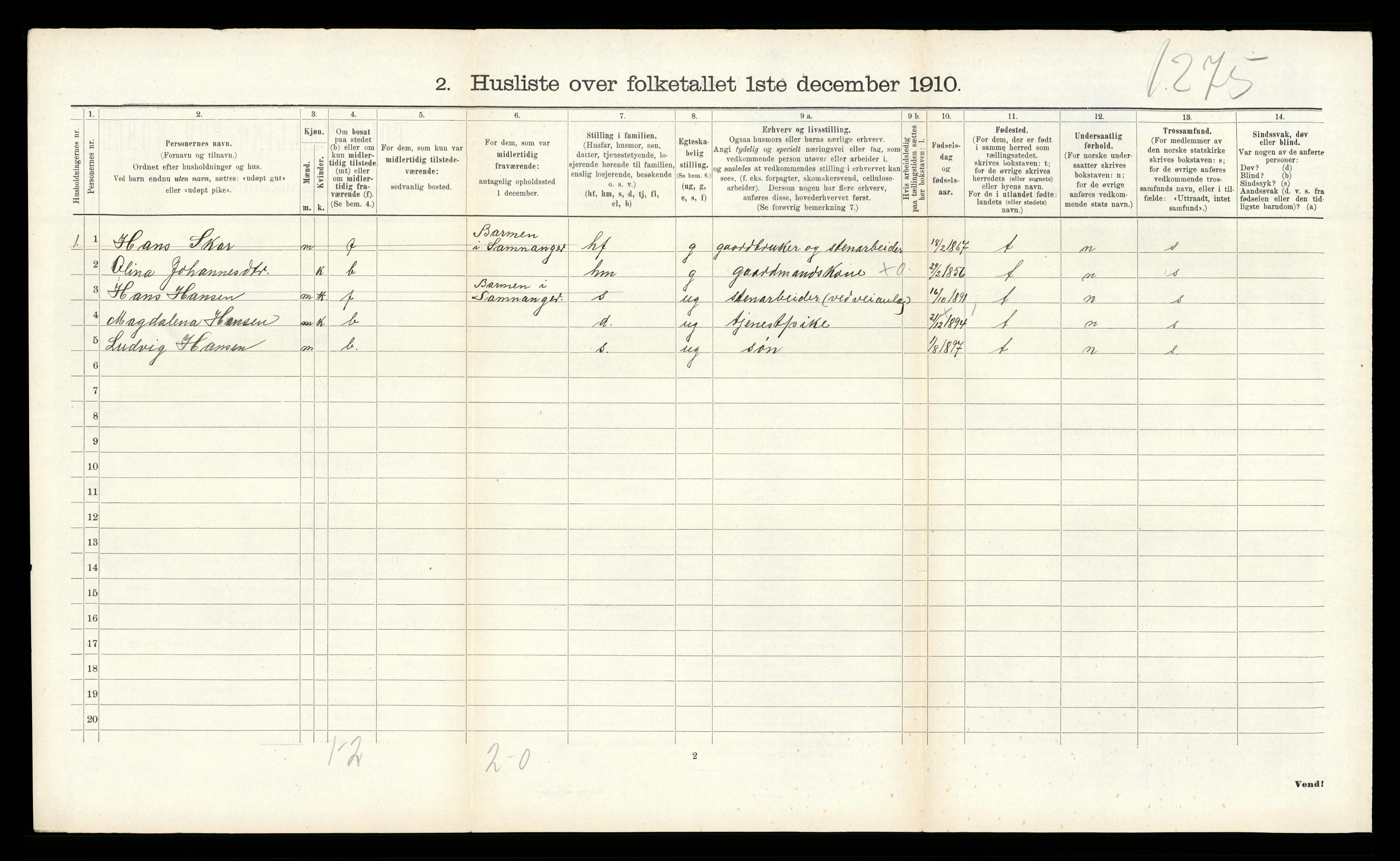 RA, 1910 census for Samnanger, 1910, p. 172