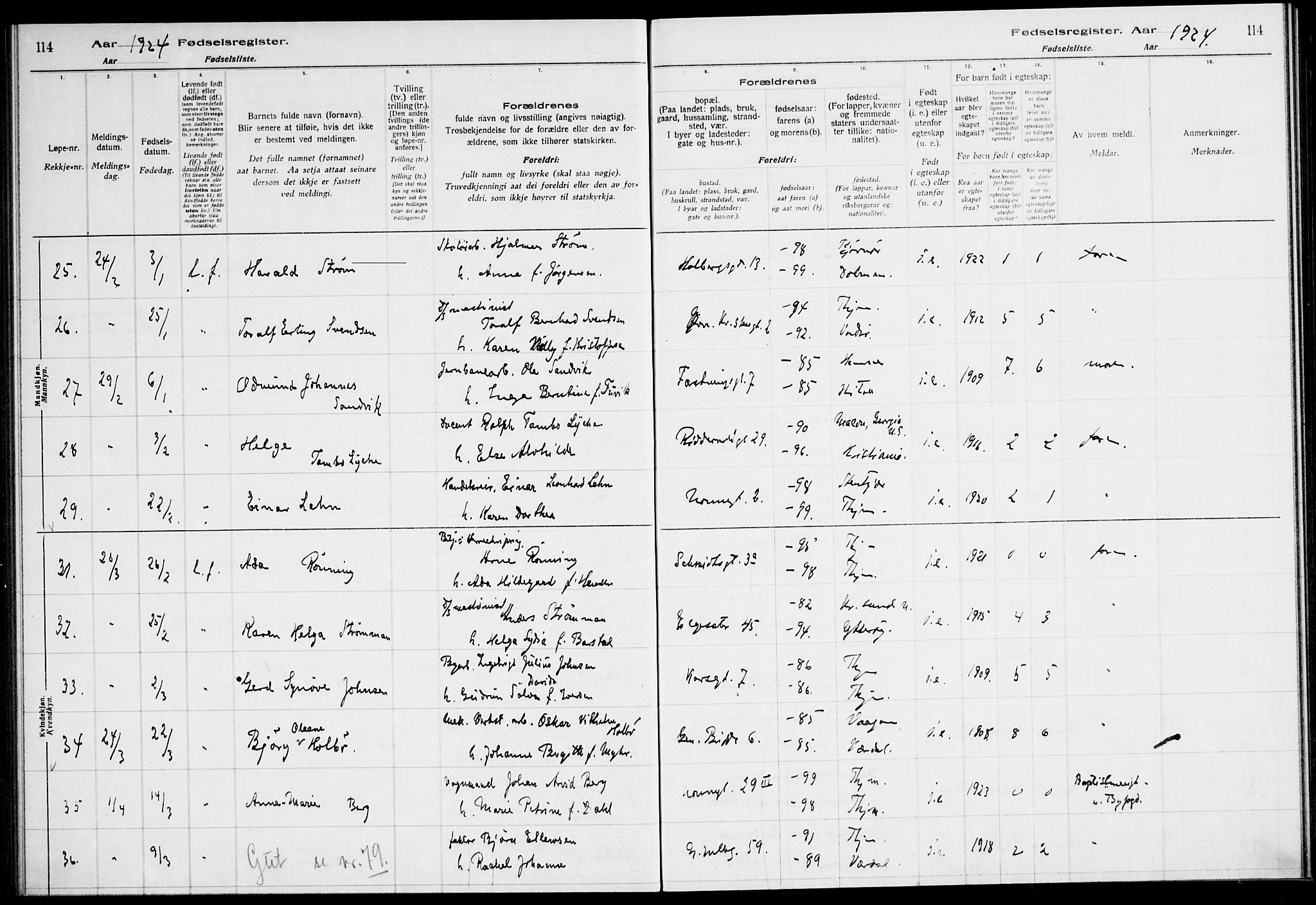 Ministerialprotokoller, klokkerbøker og fødselsregistre - Sør-Trøndelag, AV/SAT-A-1456/604/L0233: Birth register no. 604.II.4.2, 1920-1928, p. 114