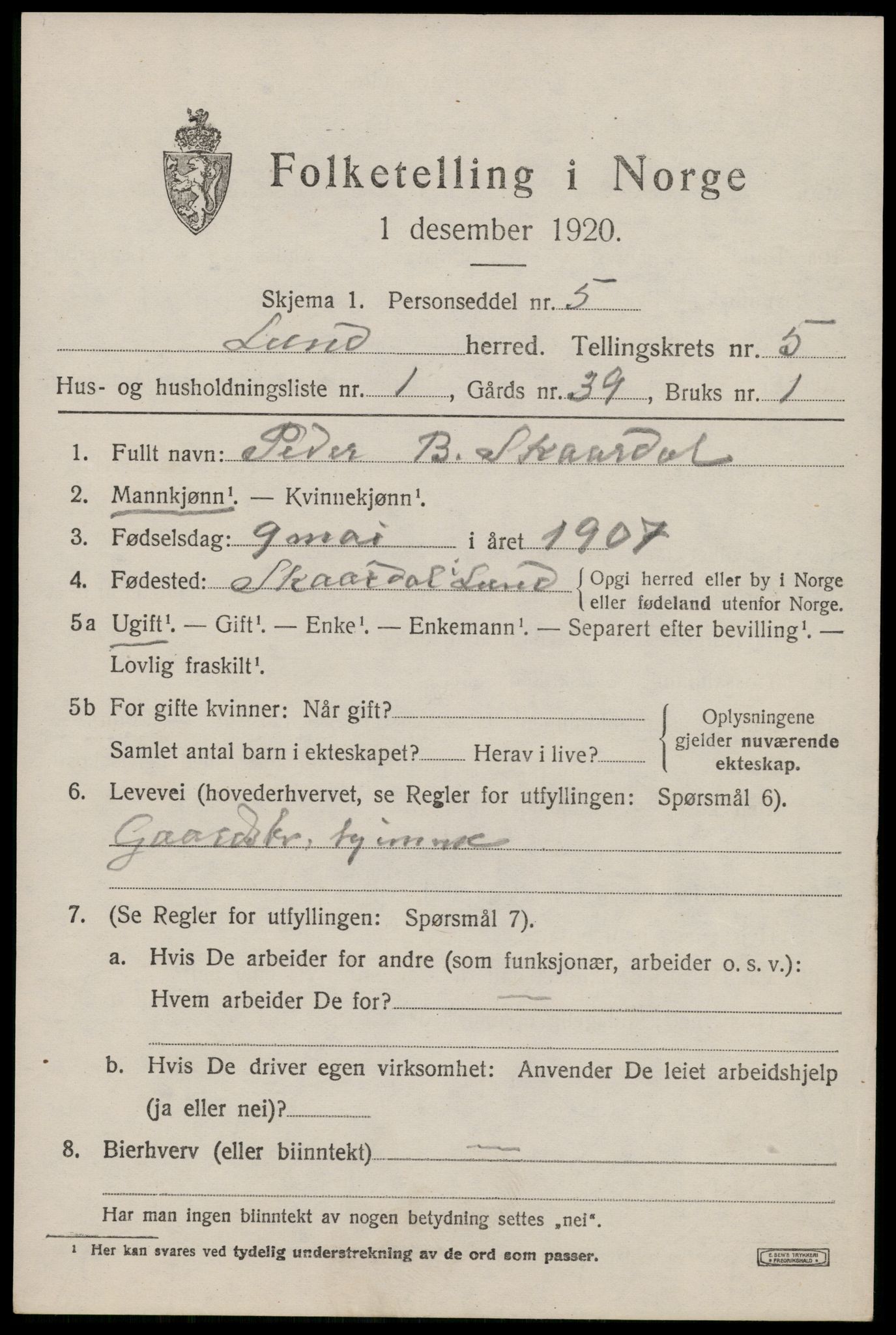 SAST, 1920 census for Lund, 1920, p. 3140