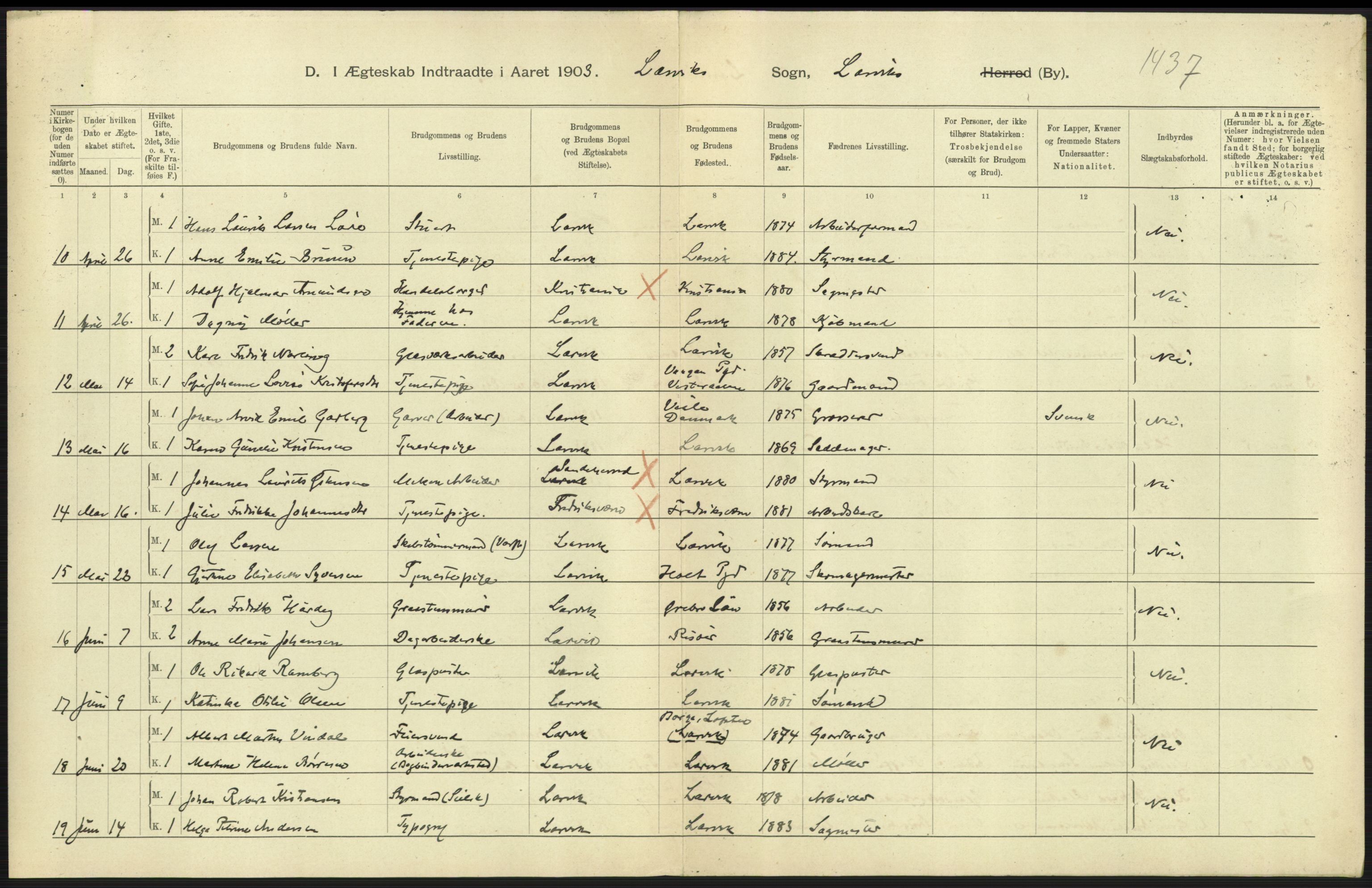 Statistisk sentralbyrå, Sosiodemografiske emner, Befolkning, AV/RA-S-2228/D/Df/Dfa/Dfaa/L0008: Jarlsberg og Larvik amt: Fødte, gifte, døde, 1903, p. 485