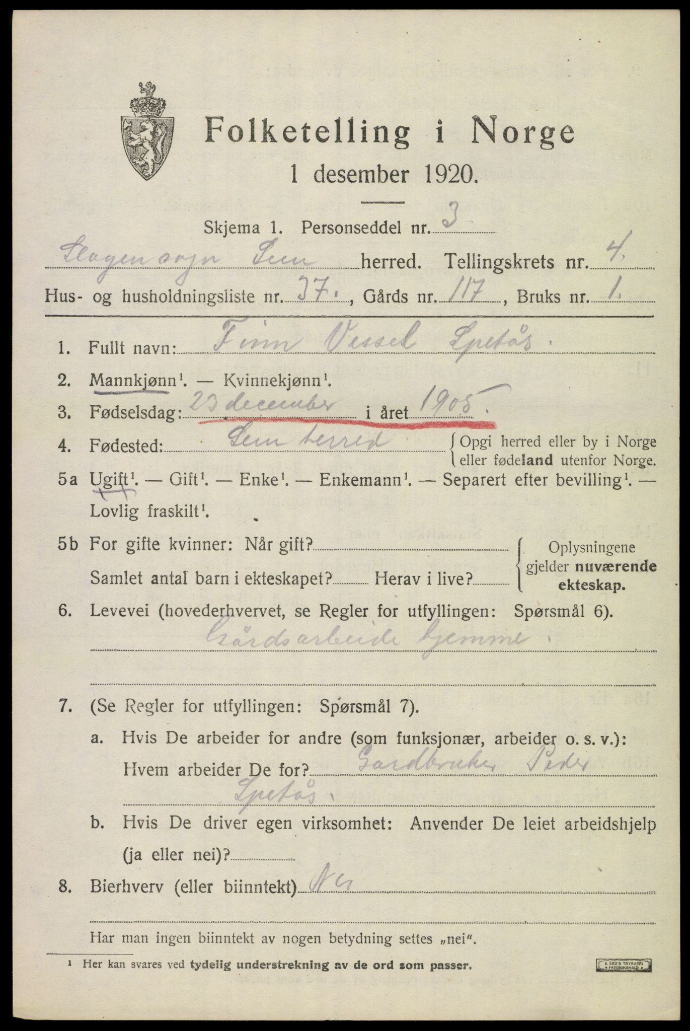 SAKO, 1920 census for Sem, 1920, p. 7475