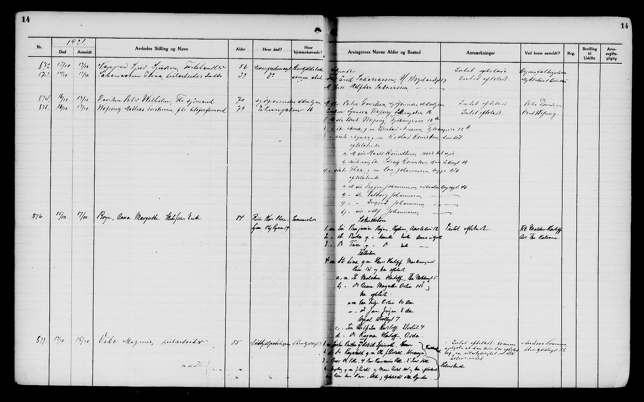 Byfogd og Byskriver i Bergen, AV/SAB-A-3401/06/06Na/L0014: Dødsfallsjournaler, 1921-1924, p. 14
