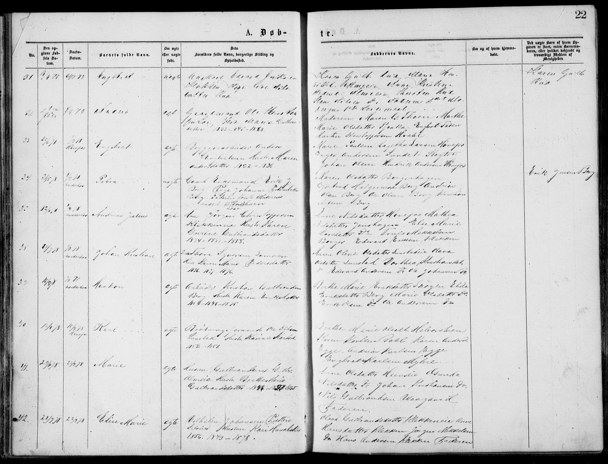 Norderhov kirkebøker, AV/SAKO-A-237/G/Gb/L0001: Parish register (copy) no. II 1, 1876-1899, p. 22