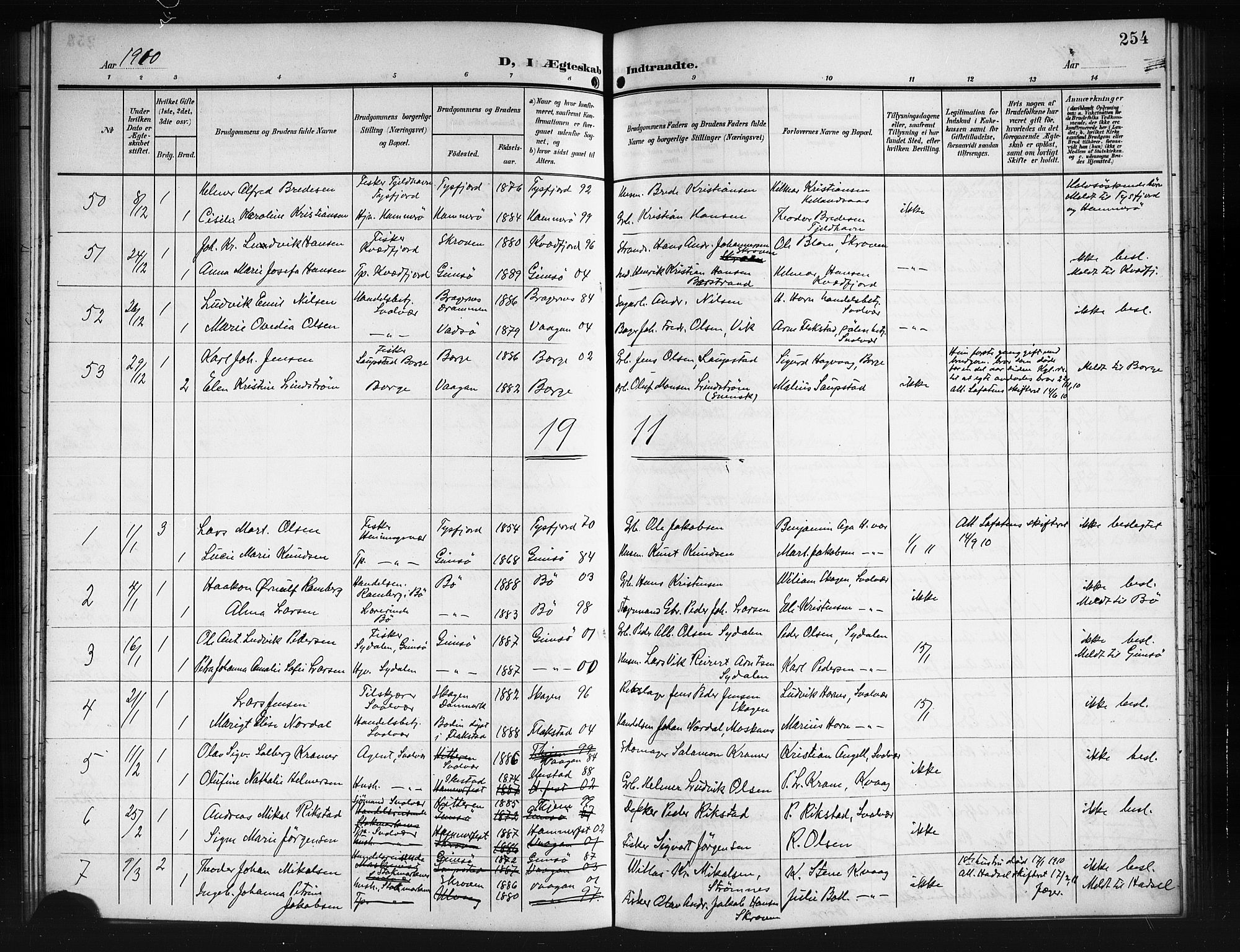 Ministerialprotokoller, klokkerbøker og fødselsregistre - Nordland, SAT/A-1459/874/L1079: Parish register (copy) no. 874C08, 1907-1915, p. 254