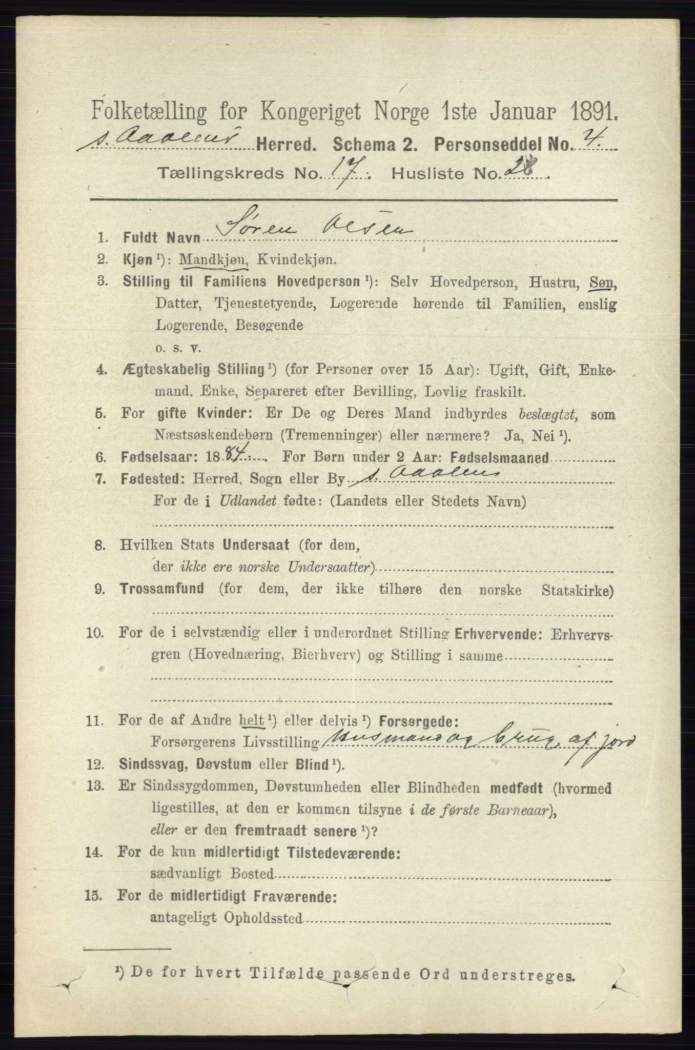 RA, 1891 census for 0419 Sør-Odal, 1891, p. 8015