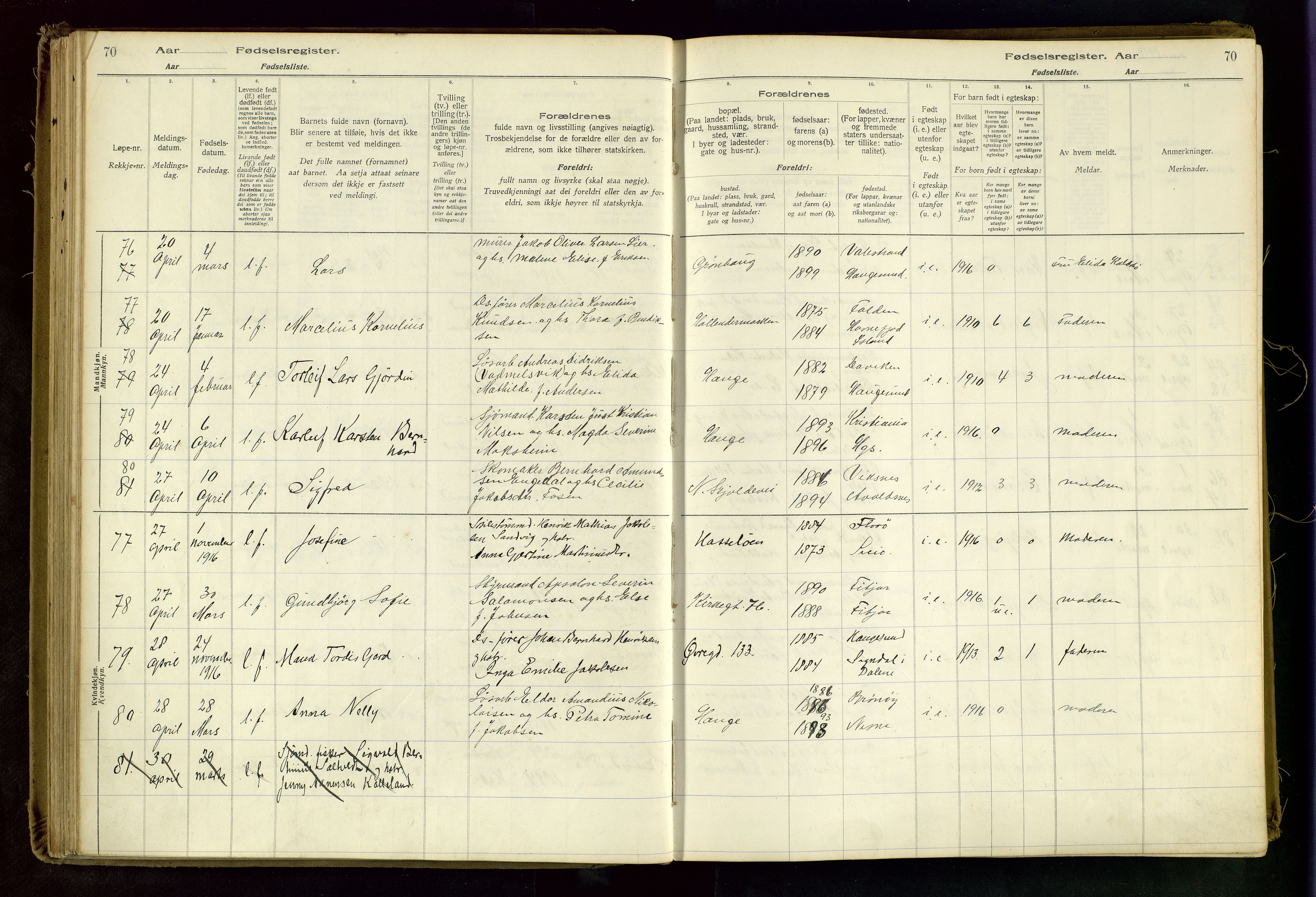 Haugesund sokneprestkontor, SAST/A -101863/I/Id/L0003: Birth register no. 1, 1916-1919, p. 70