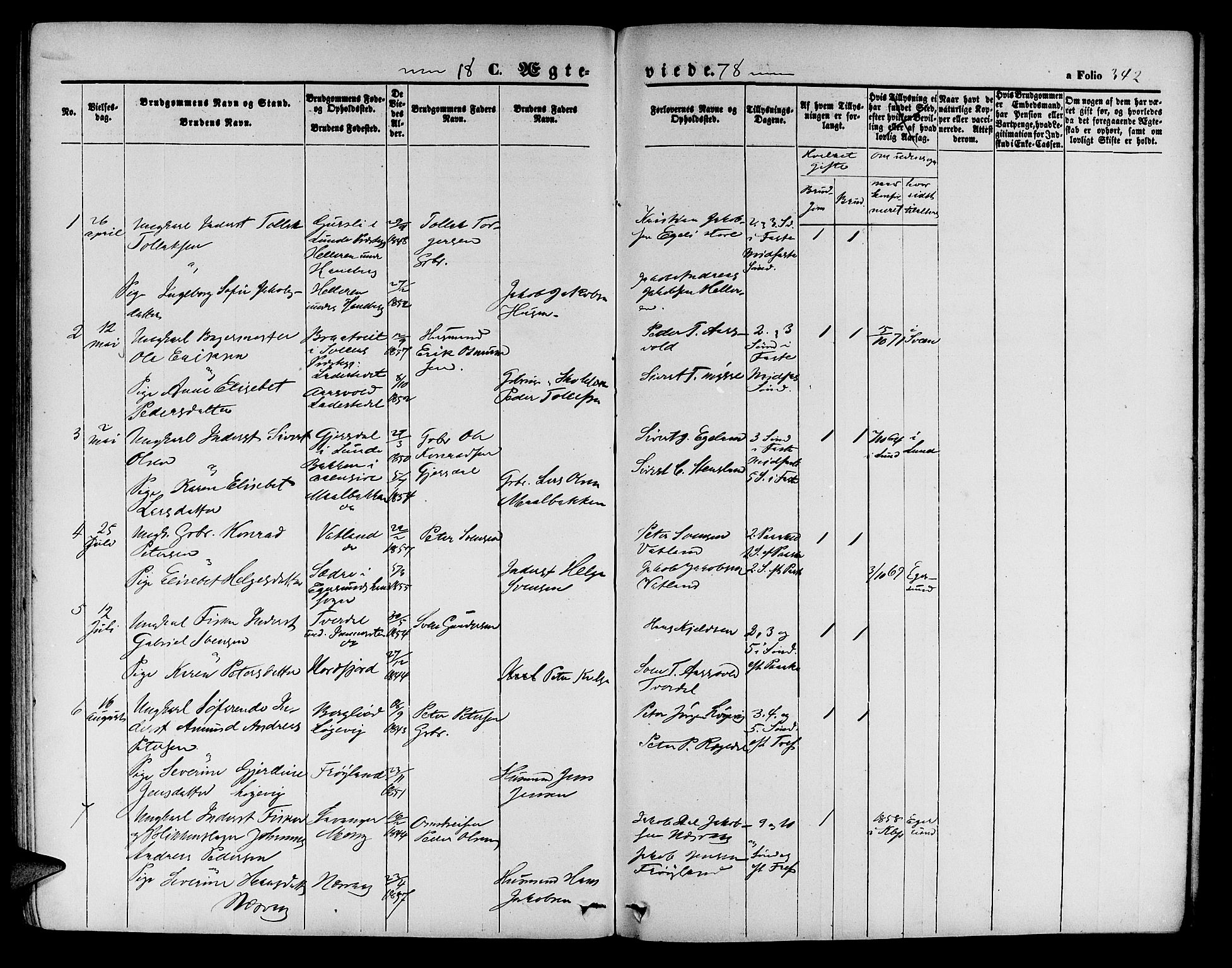 Sokndal sokneprestkontor, SAST/A-101808: Parish register (copy) no. B 3, 1865-1879, p. 342