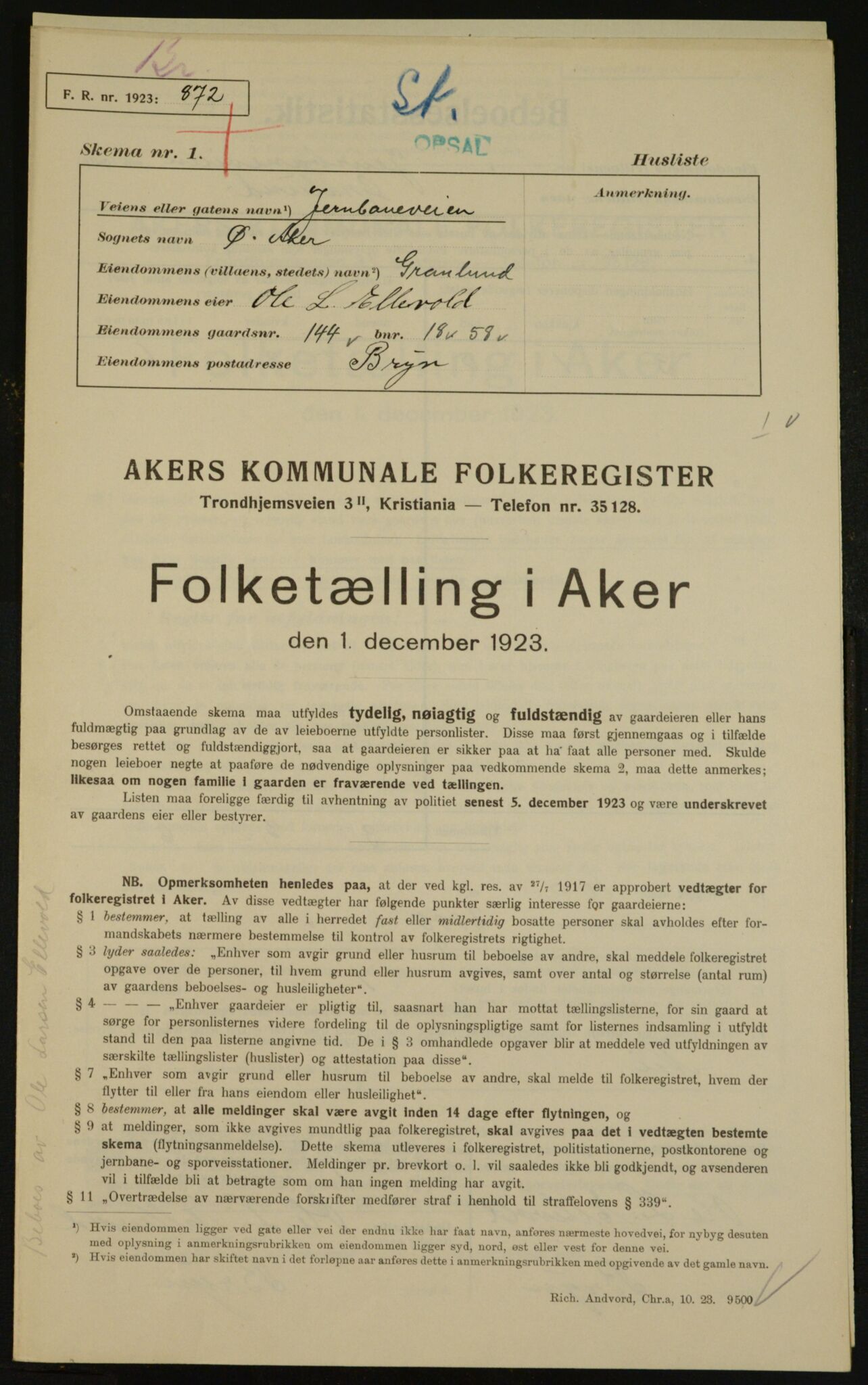 , Municipal Census 1923 for Aker, 1923, p. 28152