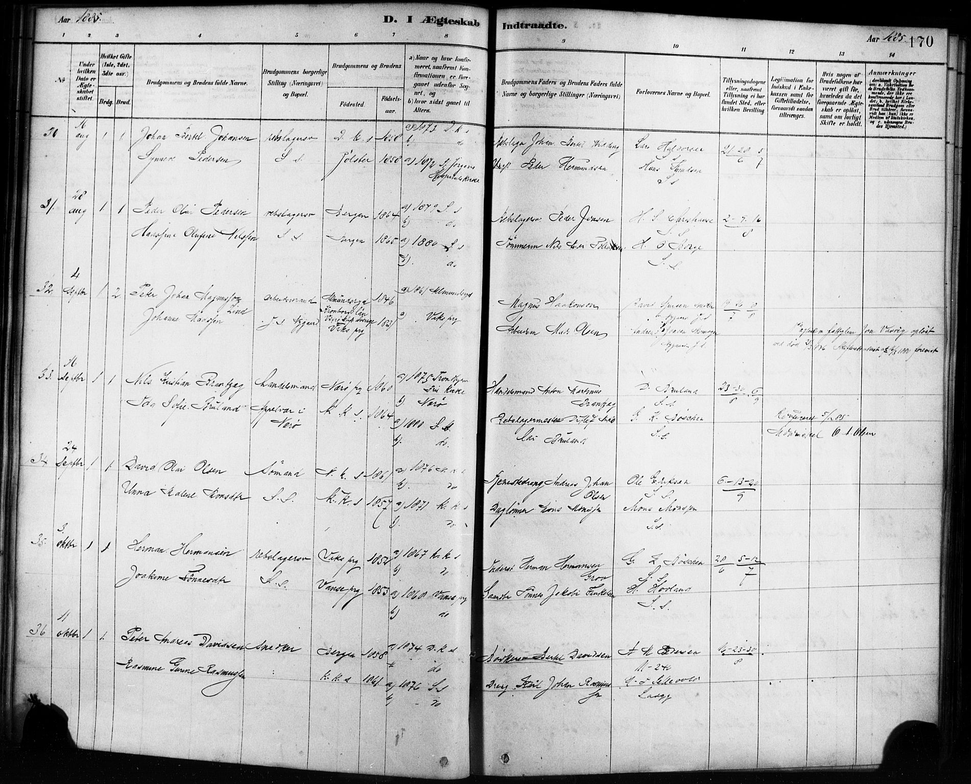 Sandviken Sokneprestembete, AV/SAB-A-77601/H/Ha/L0002: Parish register (official) no. A 2, 1878-1896, p. 170