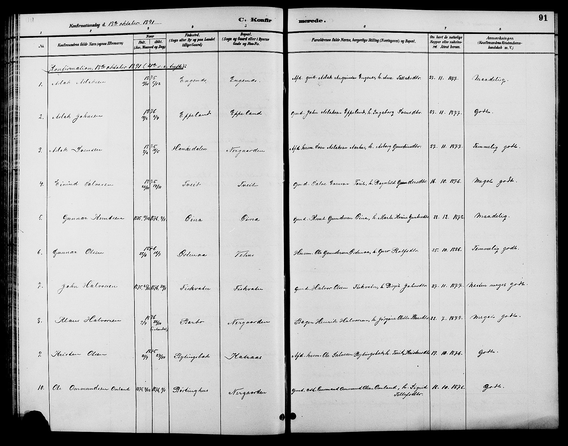 Åmli sokneprestkontor, AV/SAK-1111-0050/F/Fb/Fbc/L0004: Parish register (copy) no. B 4, 1889-1902, p. 91