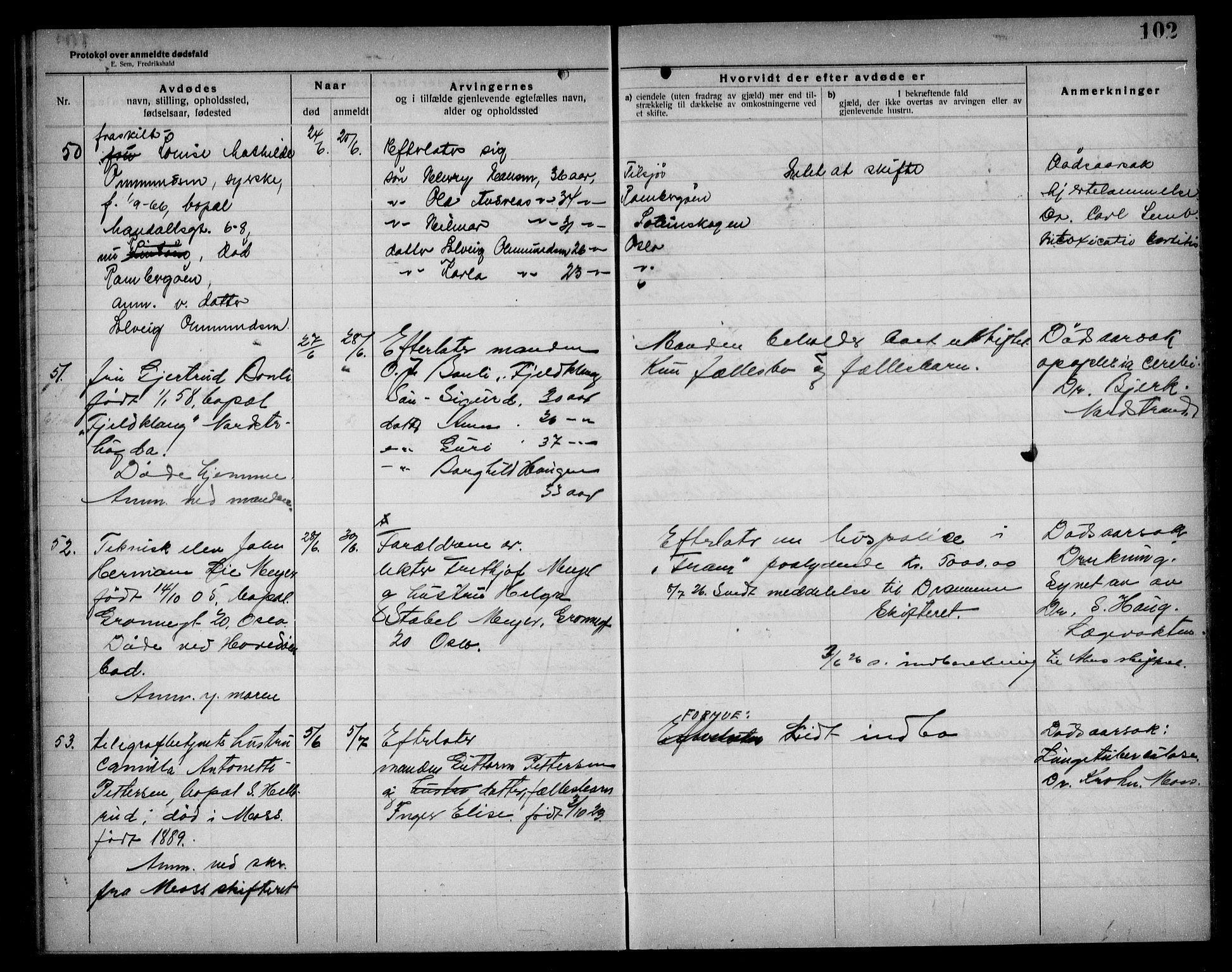 Aker kriminaldommer, skifte- og auksjonsforvalterembete, SAO/A-10452/H/Hb/Hba/Hbad/L0001: Dødsfallsprotokoll for Nordstrand, 1922-1929, p. 102