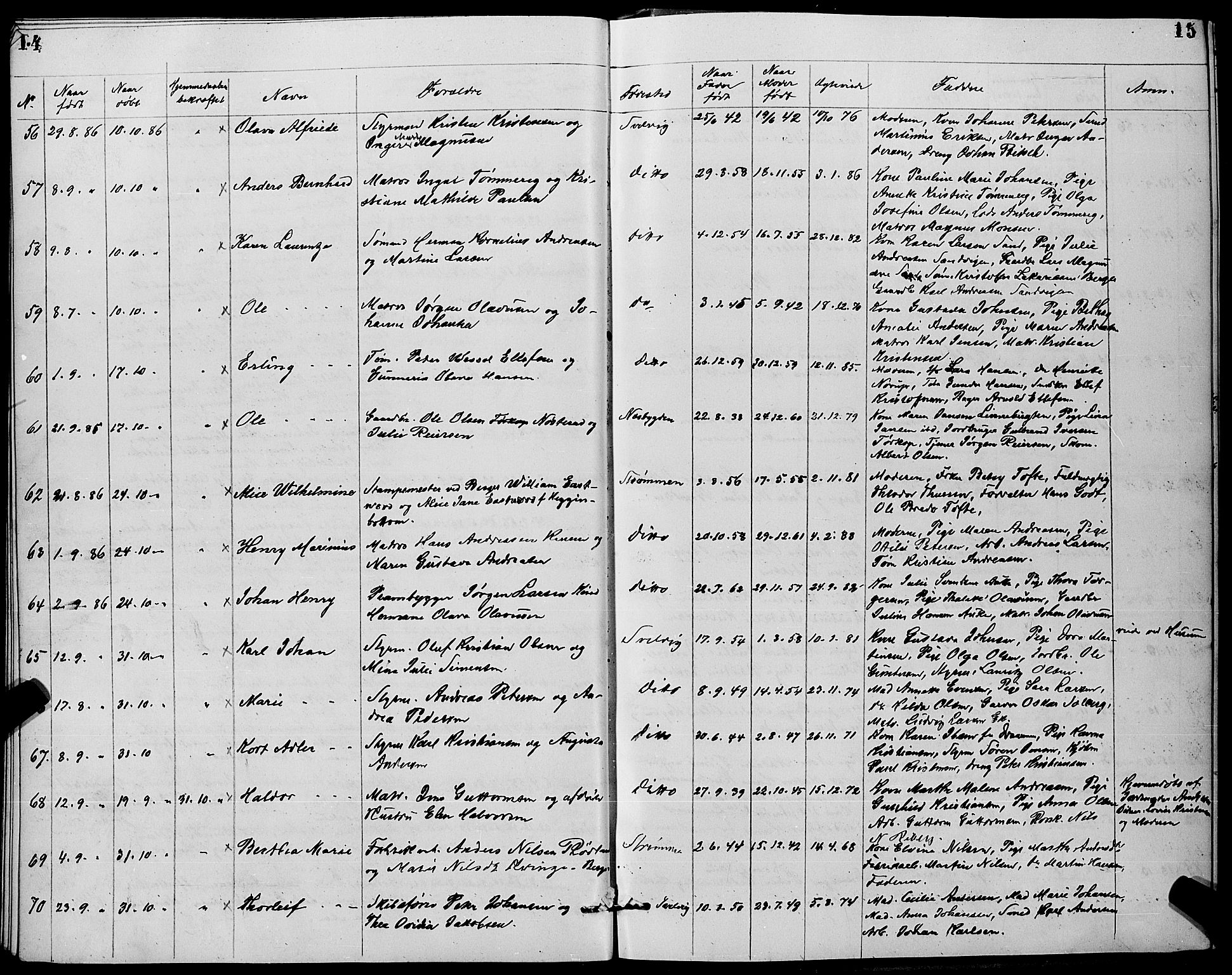 Strømm kirkebøker, AV/SAKO-A-322/G/Ga/L0002: Parish register (copy) no. I 2, 1885-1888, p. 14-15