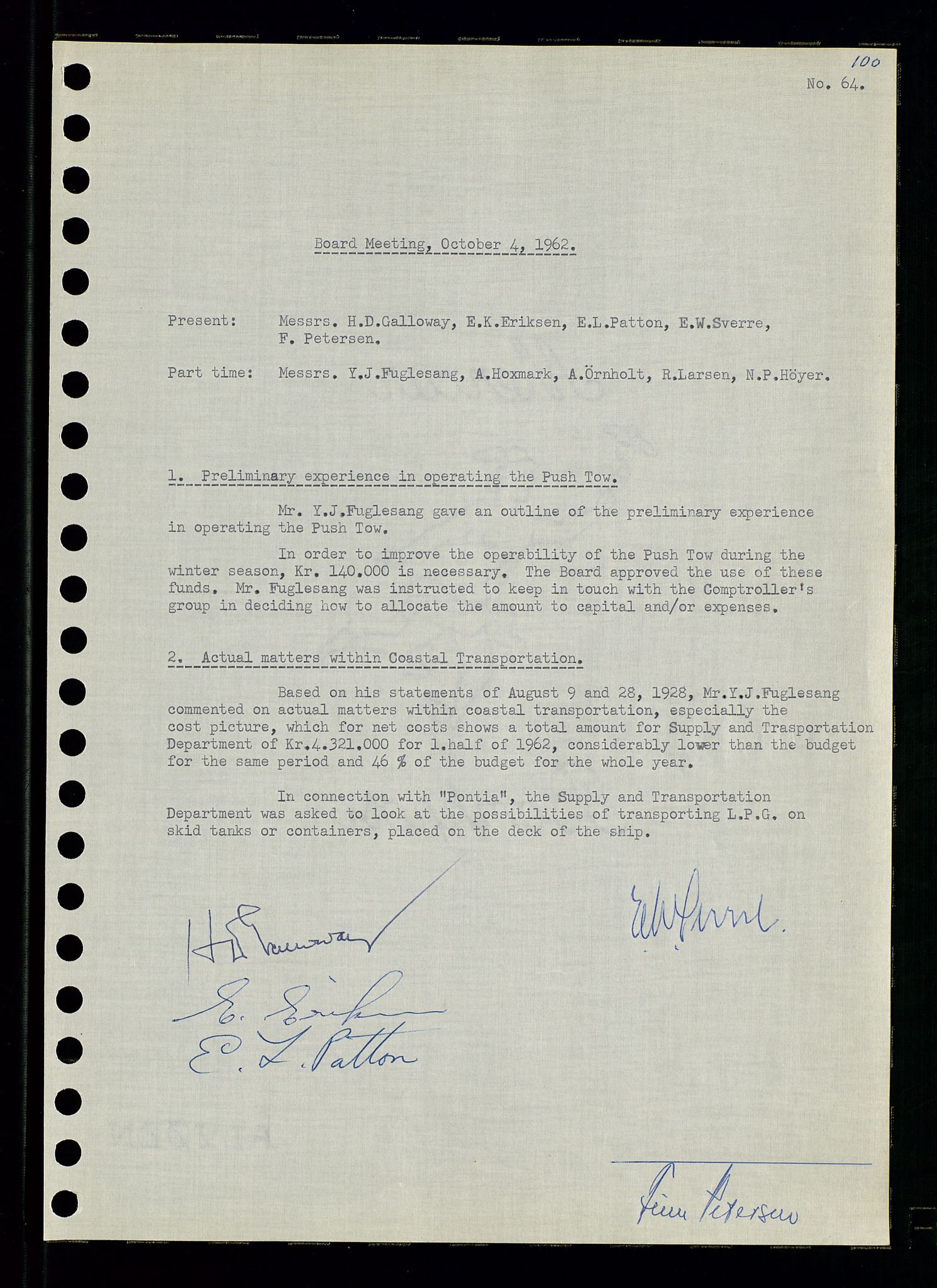 Pa 0982 - Esso Norge A/S, AV/SAST-A-100448/A/Aa/L0001/0003: Den administrerende direksjon Board minutes (styrereferater) / Den administrerende direksjon Board minutes (styrereferater), 1962, p. 100