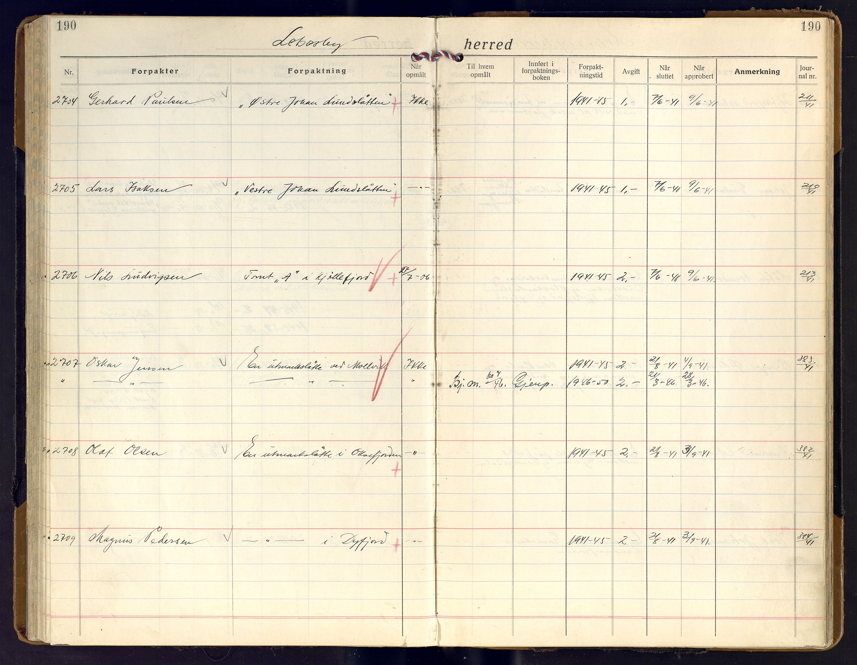 Finnmark jordsalgskommisjon/jordsalgskontor og Statskog SF Finnmark jordsalgskontor, AV/SATØ-S-1443/J/Ja/L0011: Forpaktningsbok for Finnmark II, 1921-1948, p. 190