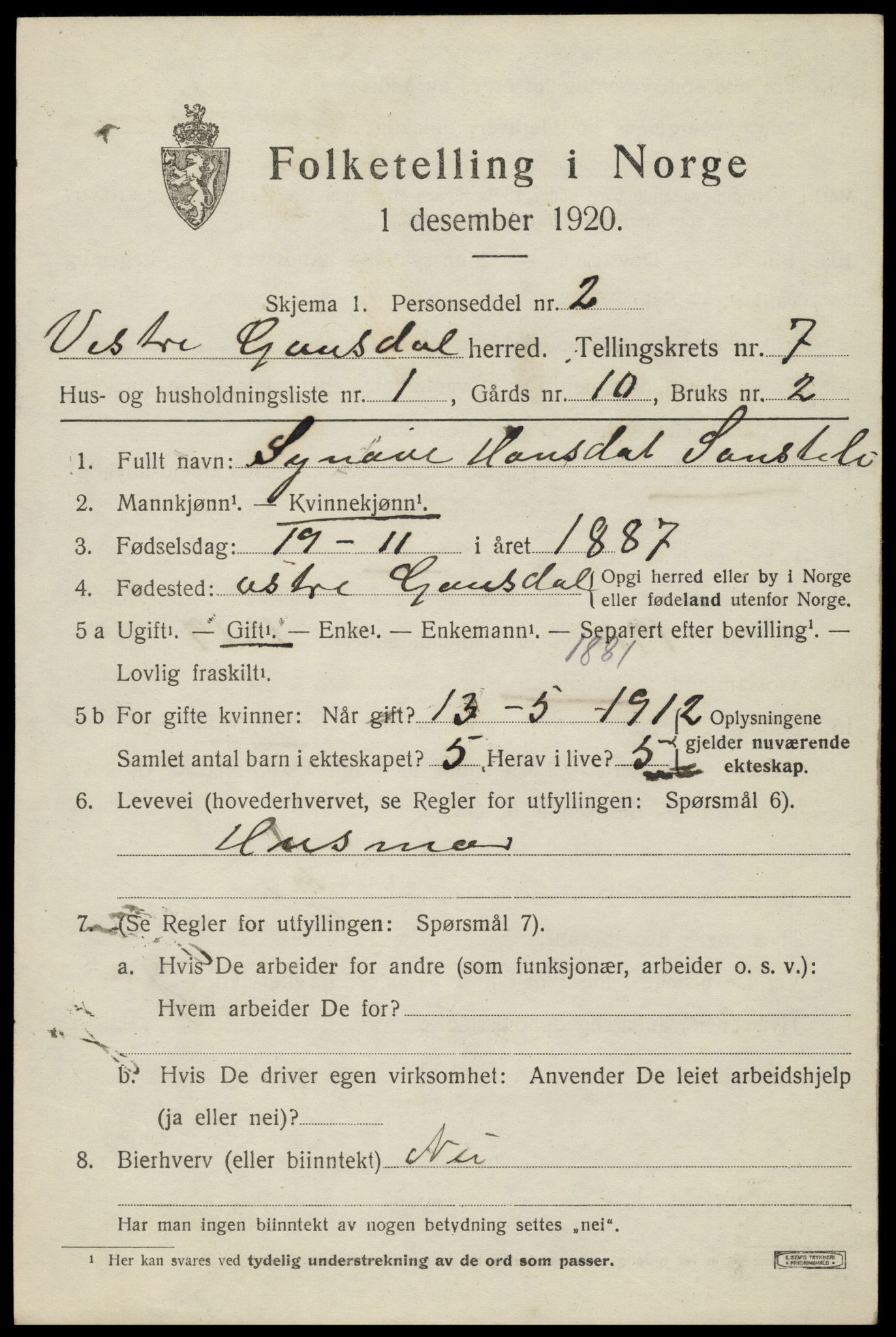 SAH, 1920 census for Vestre Gausdal, 1920, p. 5339