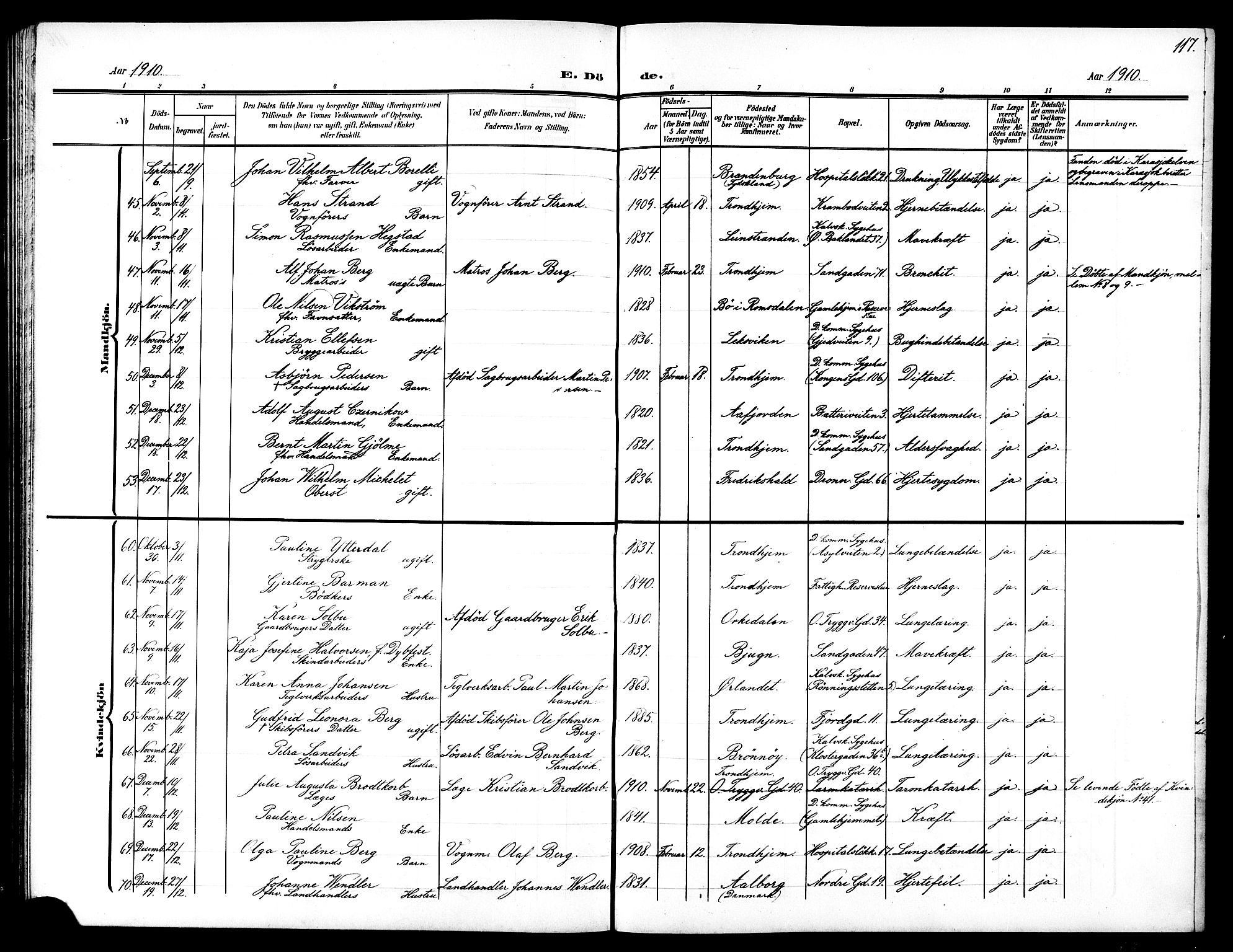 Ministerialprotokoller, klokkerbøker og fødselsregistre - Sør-Trøndelag, SAT/A-1456/602/L0146: Parish register (copy) no. 602C14, 1904-1914, p. 117