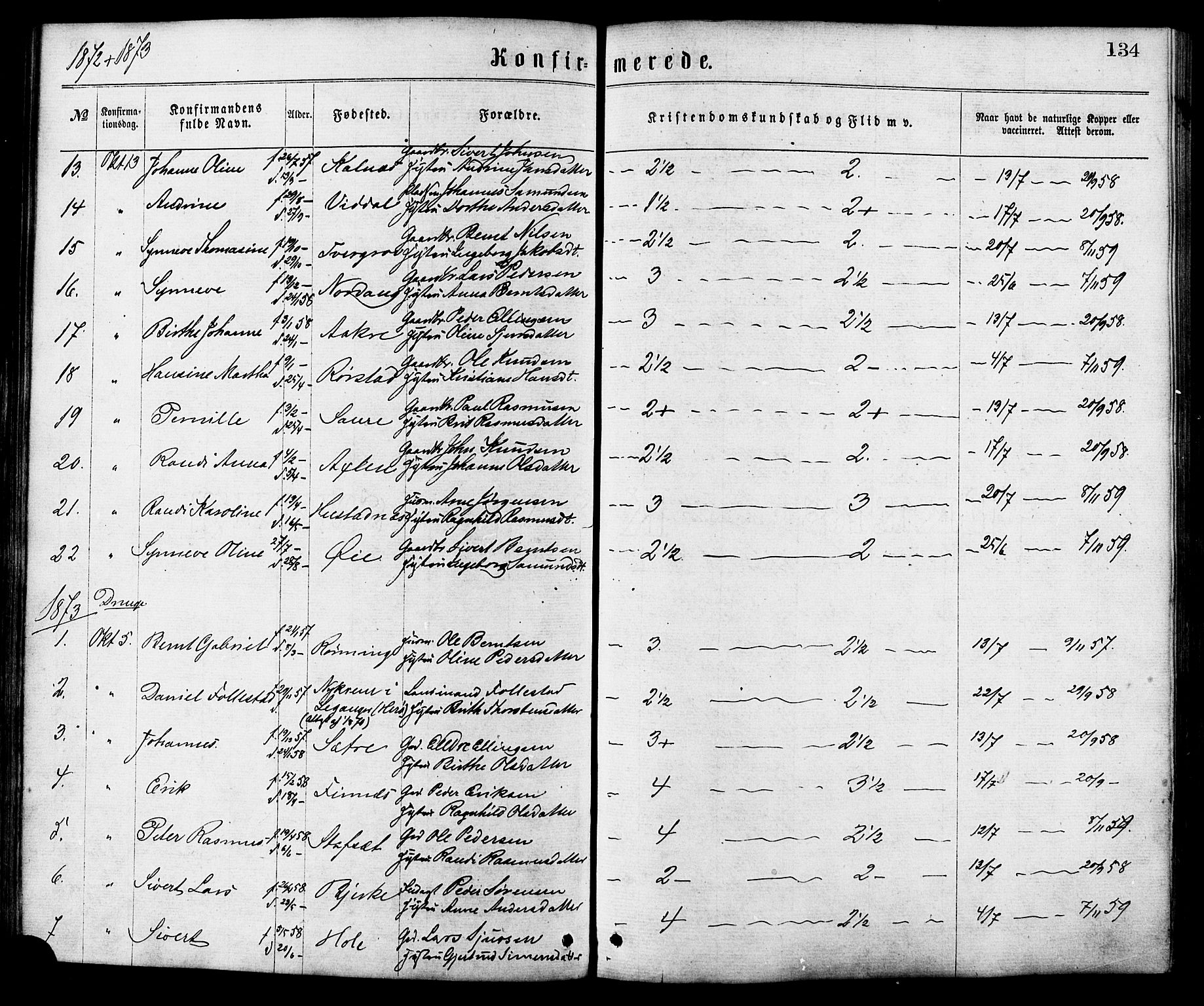 Ministerialprotokoller, klokkerbøker og fødselsregistre - Møre og Romsdal, SAT/A-1454/515/L0210: Parish register (official) no. 515A06, 1868-1885, p. 134