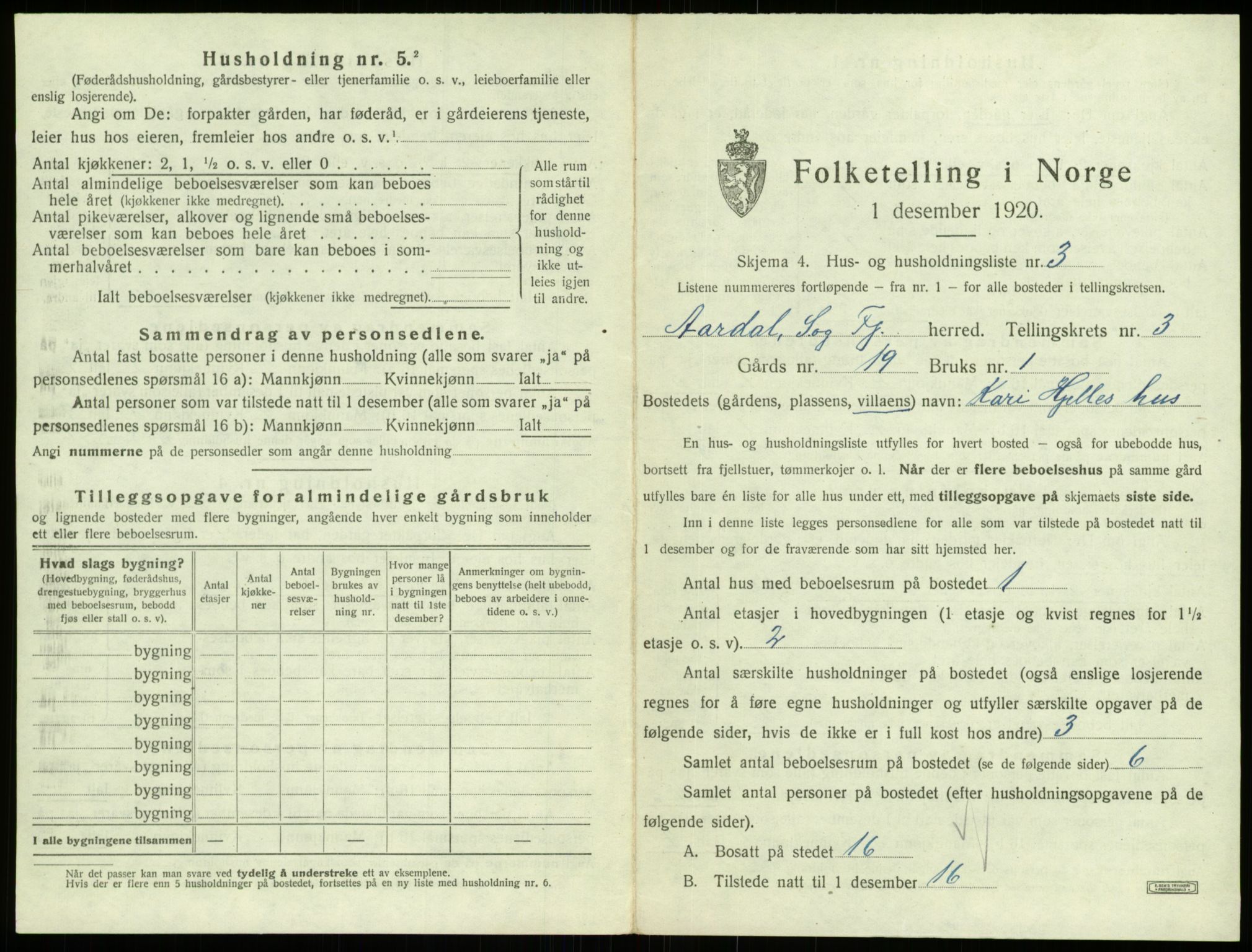 SAB, 1920 census for Årdal, 1920, p. 202