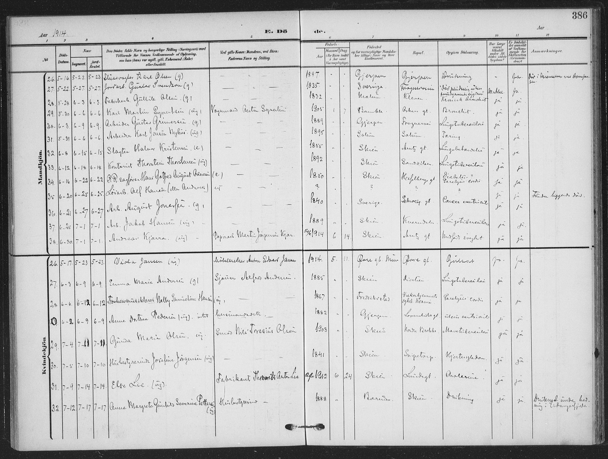 Skien kirkebøker, AV/SAKO-A-302/F/Fa/L0012: Parish register (official) no. 12, 1908-1914, p. 386