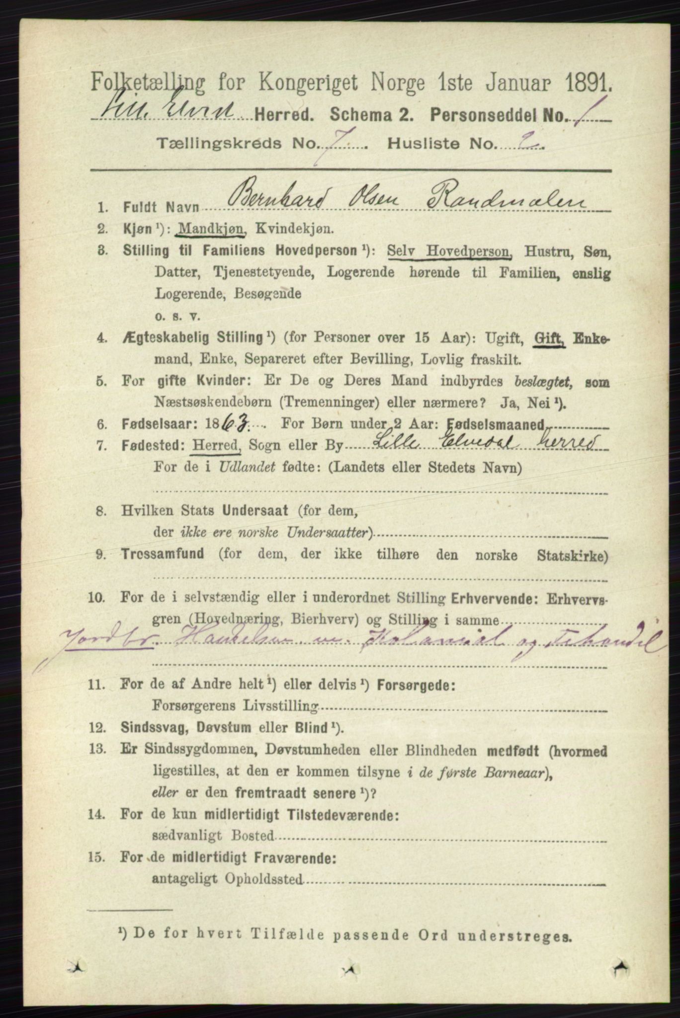 RA, 1891 census for 0438 Lille Elvedalen, 1891, p. 2277