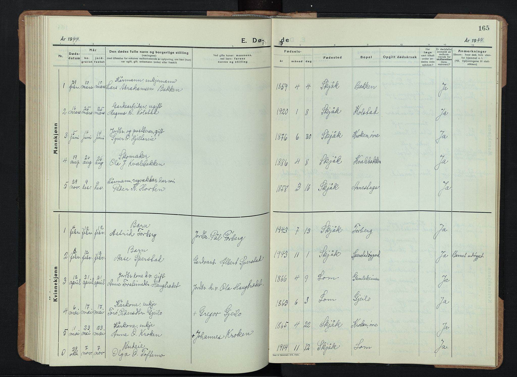 Skjåk prestekontor, SAH/PREST-072/H/Ha/Hab/L0006: Parish register (copy) no. 6, 1933-1954, p. 165