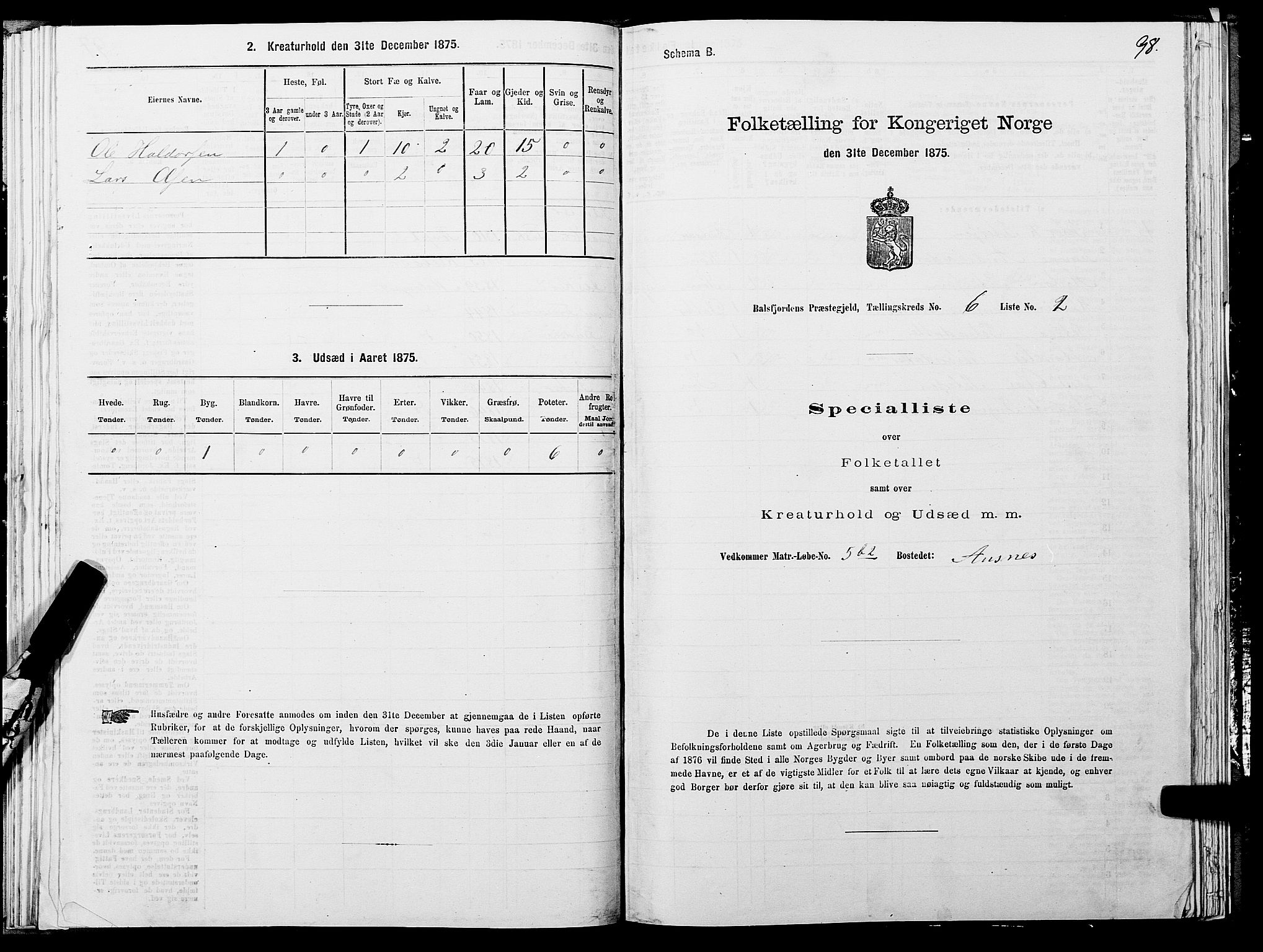 SATØ, 1875 census for 1933P Balsfjord, 1875, p. 3098