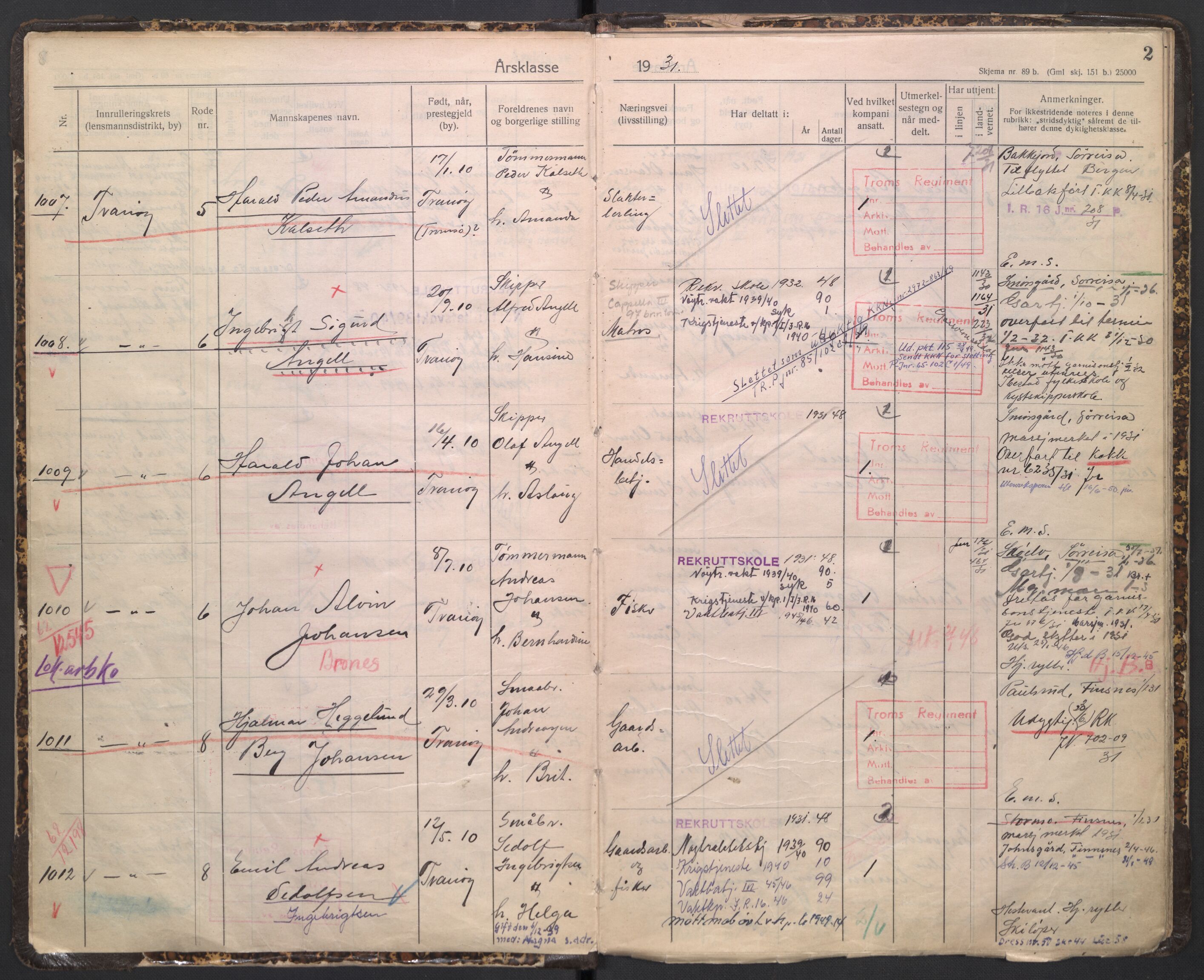 Forsvaret, Troms infanteriregiment nr. 16, AV/RA-RAFA-3146/P/Pa/L0005/0005: Ruller / Rulle for Trondenes bataljons menige mannskaper, årsklasse 1931, 1931, p. 2