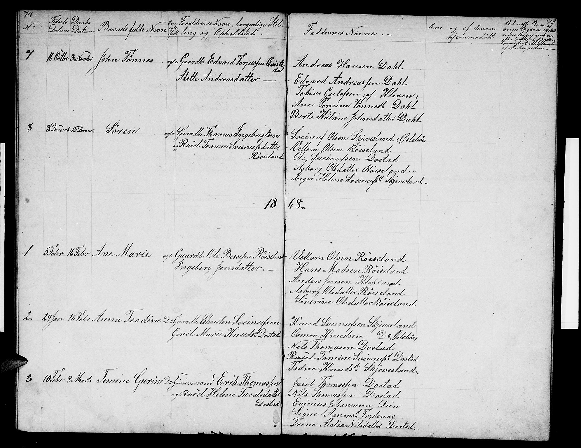 Mandal sokneprestkontor, SAK/1111-0030/F/Fb/Fbb/L0003: Parish register (copy) no. B 3, 1848-1877, p. 74-75