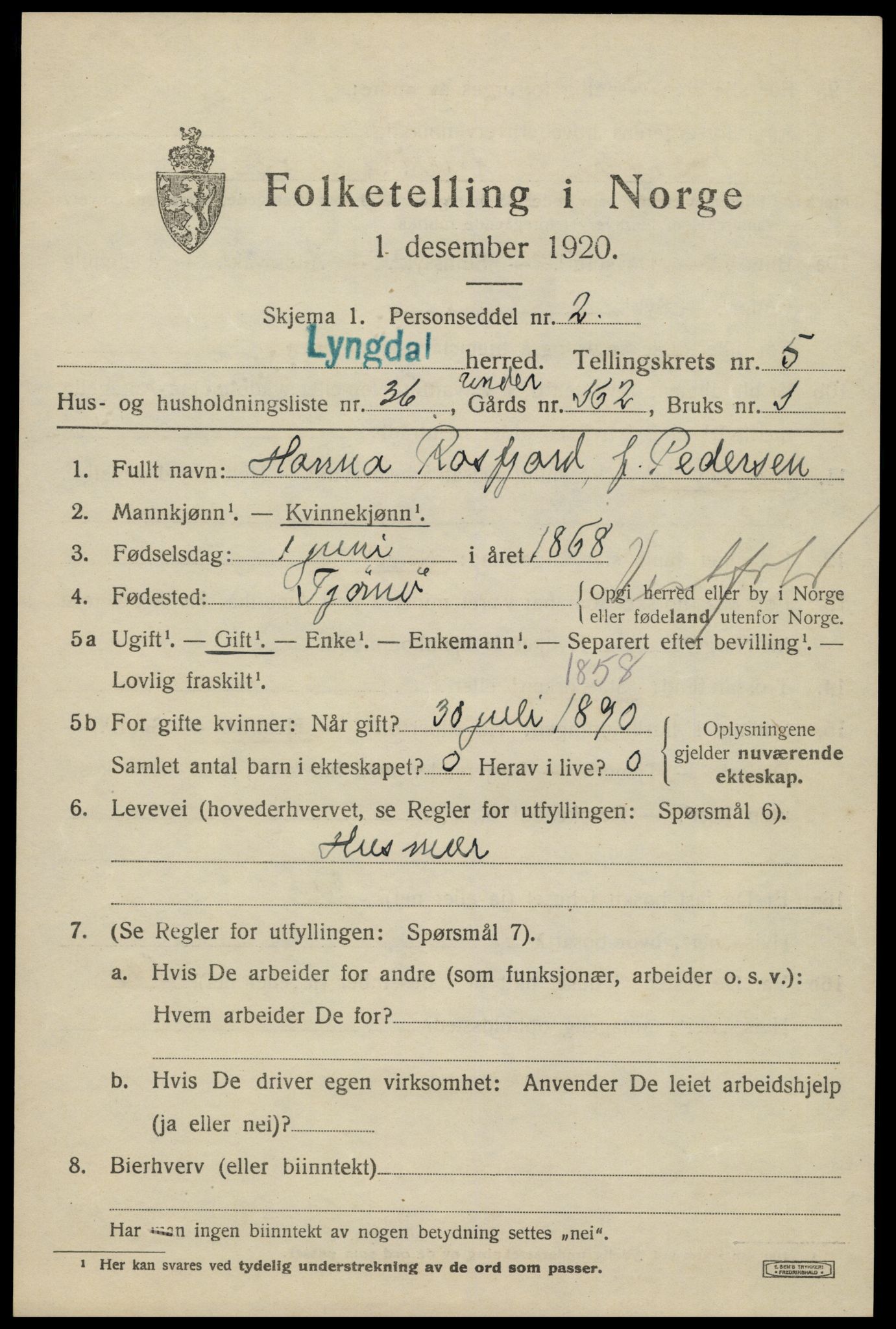 SAK, 1920 census for Lyngdal, 1920, p. 3327