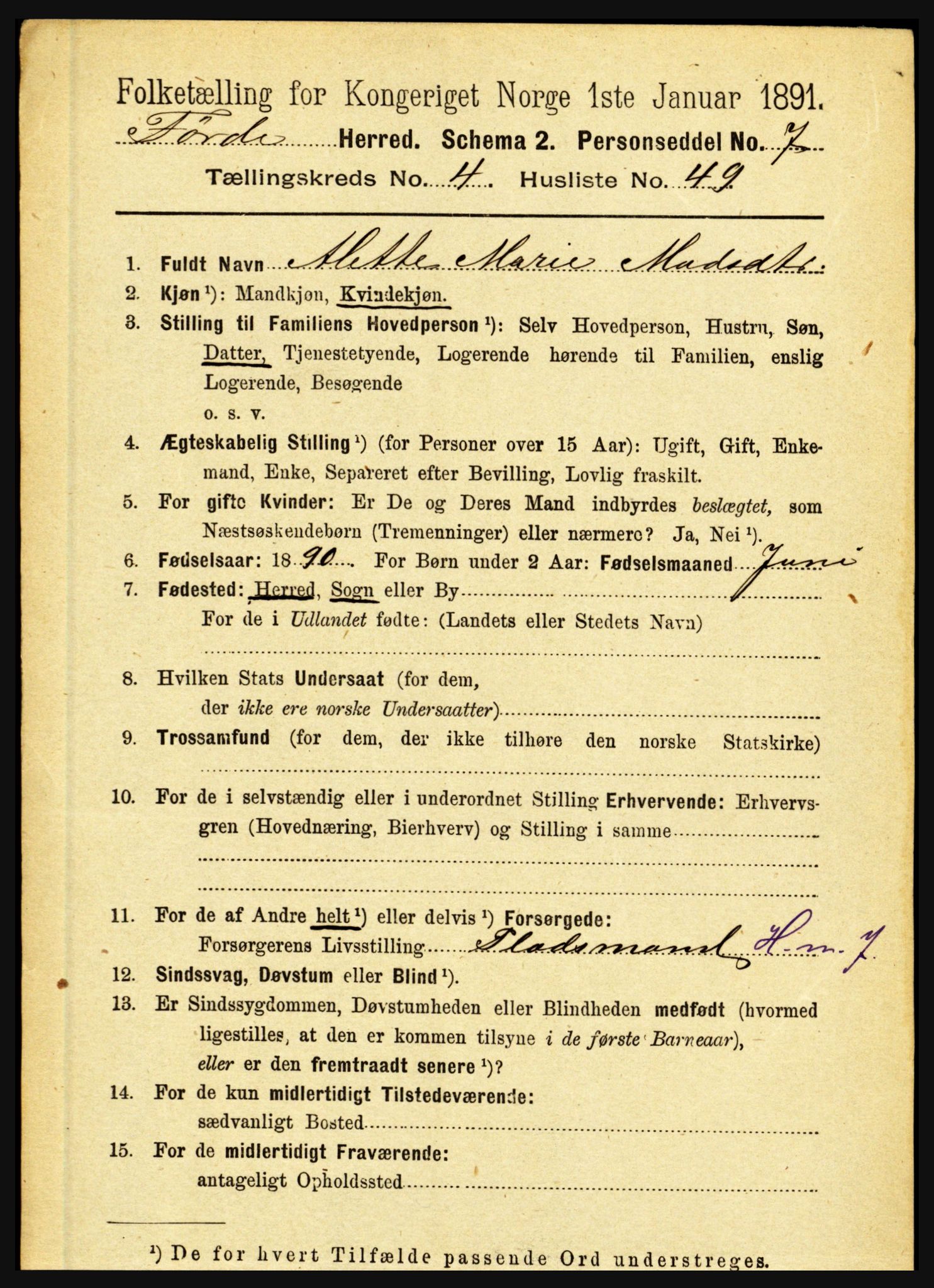 RA, 1891 census for 1432 Førde, 1891, p. 1351