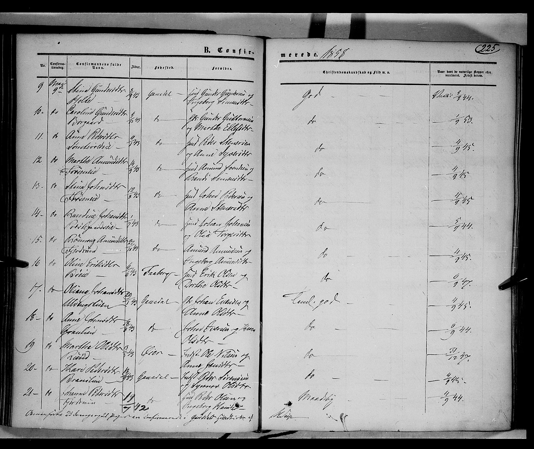 Gausdal prestekontor, SAH/PREST-090/H/Ha/Haa/L0008: Parish register (official) no. 8, 1850-1861, p. 225