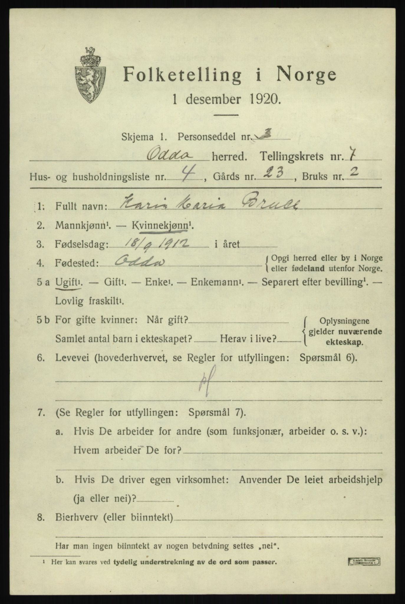 SAB, 1920 census for Odda, 1920, p. 4921