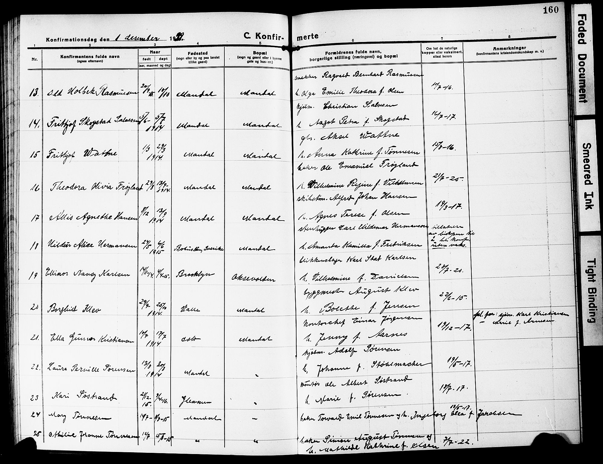 Mandal sokneprestkontor, AV/SAK-1111-0030/F/Fb/Fbc/L0001: Parish register (copy) no. B 1, 1918-1931, p. 160