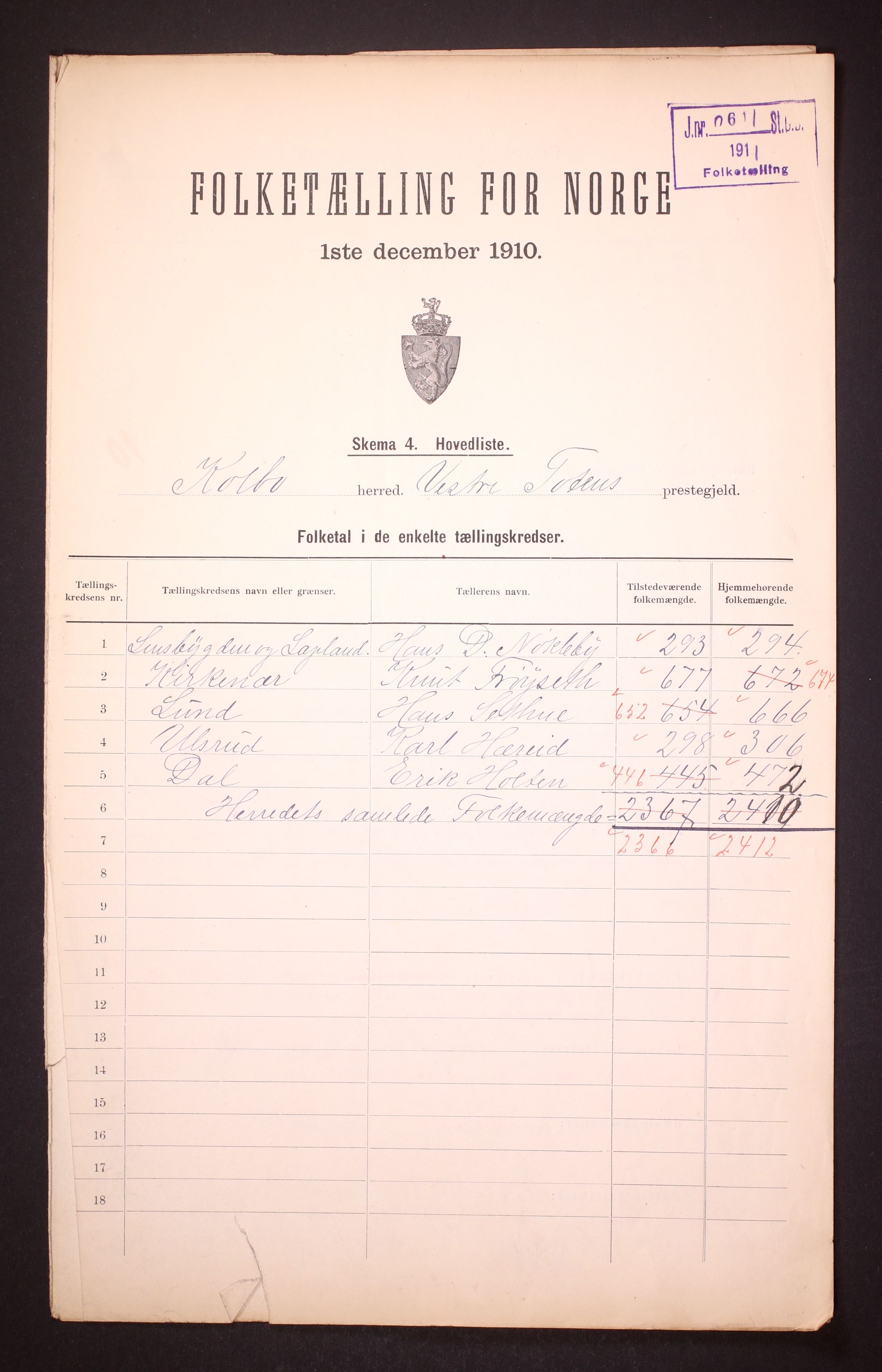 RA, 1910 census for Kolbu, 1910, p. 2