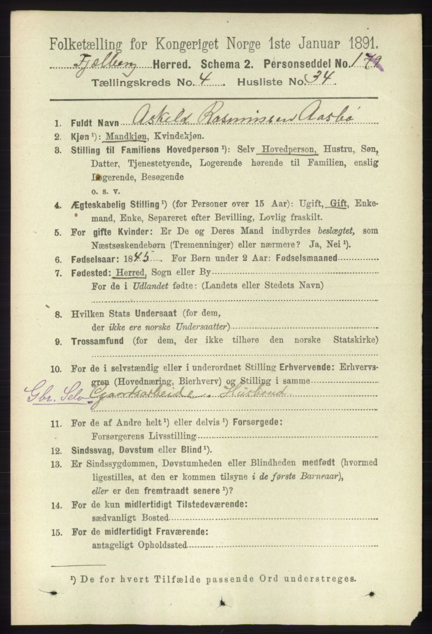 RA, 1891 census for 1213 Fjelberg, 1891, p. 1349