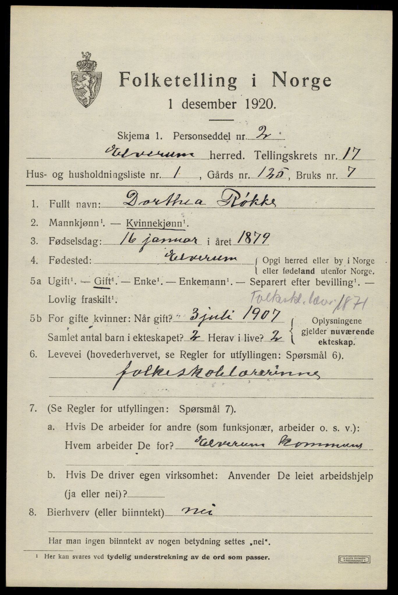 SAH, 1920 census for Elverum, 1920, p. 21284