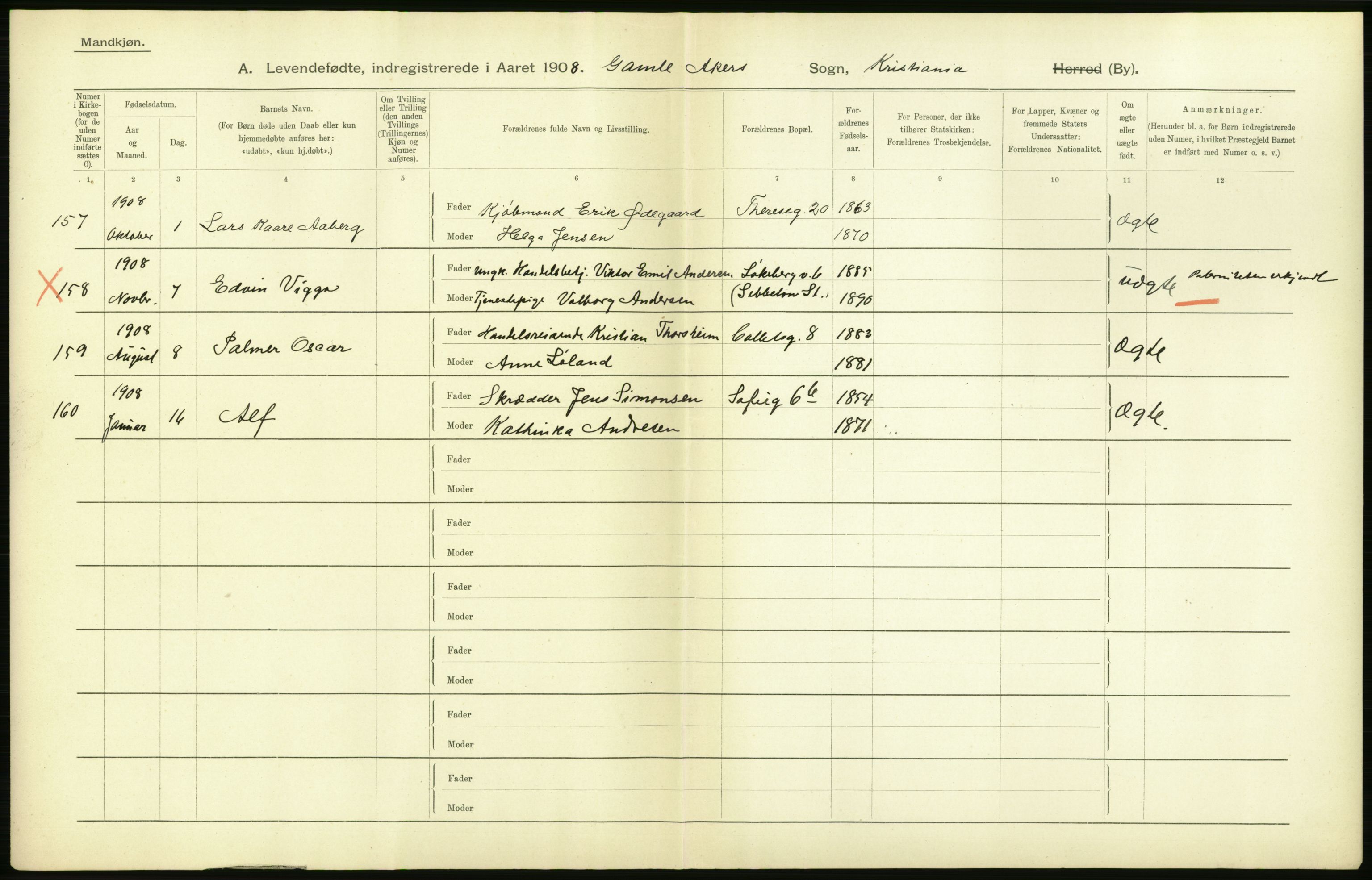 Statistisk sentralbyrå, Sosiodemografiske emner, Befolkning, AV/RA-S-2228/D/Df/Dfa/Dfaf/L0005: Kristiania: Levendefødte menn og kvinner., 1908, p. 566