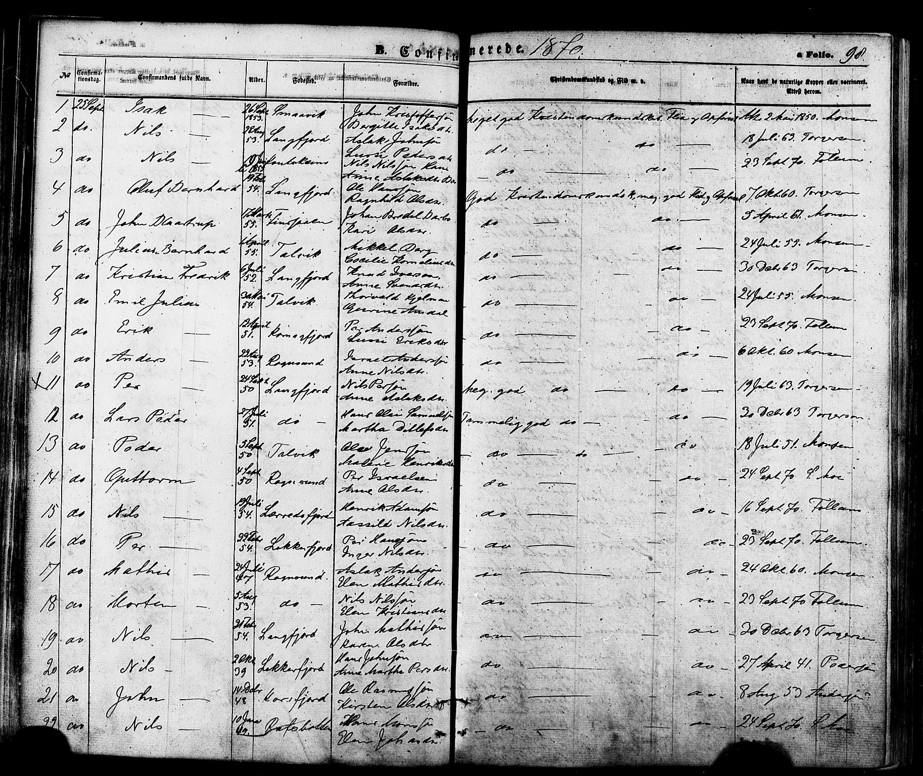 Talvik sokneprestkontor, AV/SATØ-S-1337/H/Ha/L0011kirke: Parish register (official) no. 11, 1864-1877, p. 98