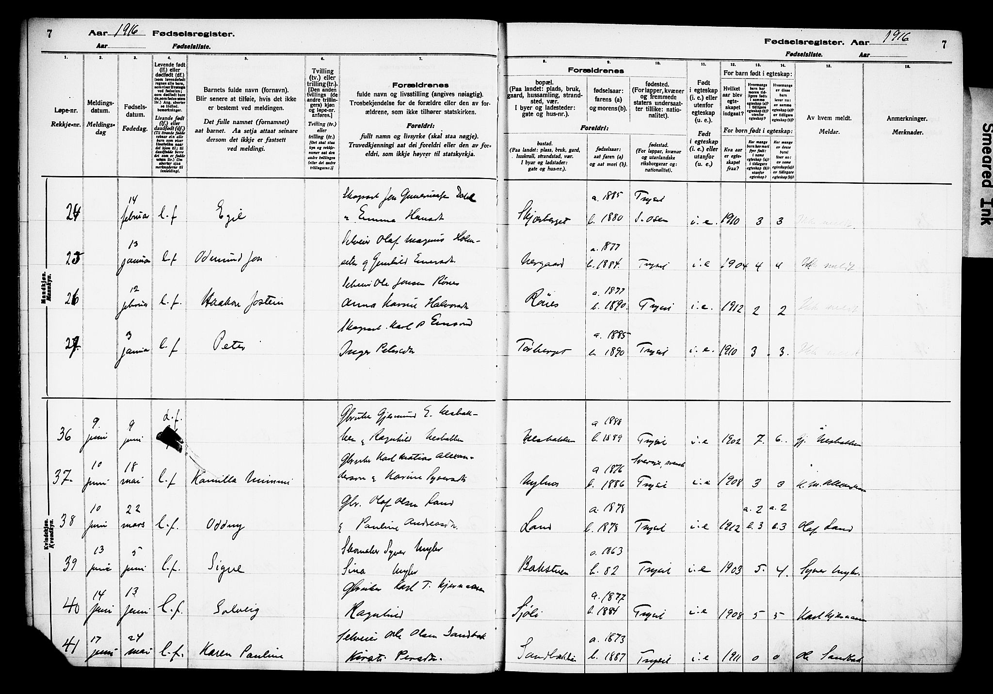 Trysil prestekontor, AV/SAH-PREST-046/I/Id/Ida/L0001: Birth register no. I 1, 1916-1927, p. 7