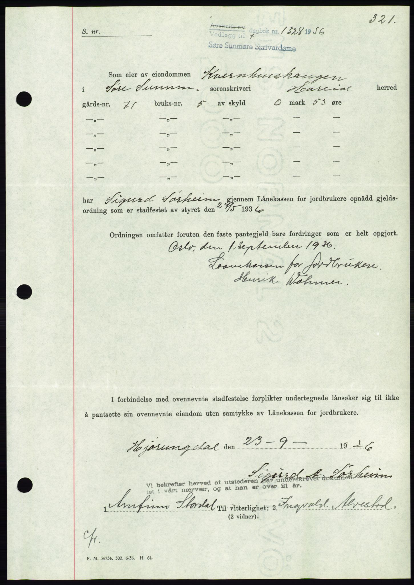 Søre Sunnmøre sorenskriveri, AV/SAT-A-4122/1/2/2C/L0061: Mortgage book no. 55, 1936-1936, Diary no: : 1328/1936