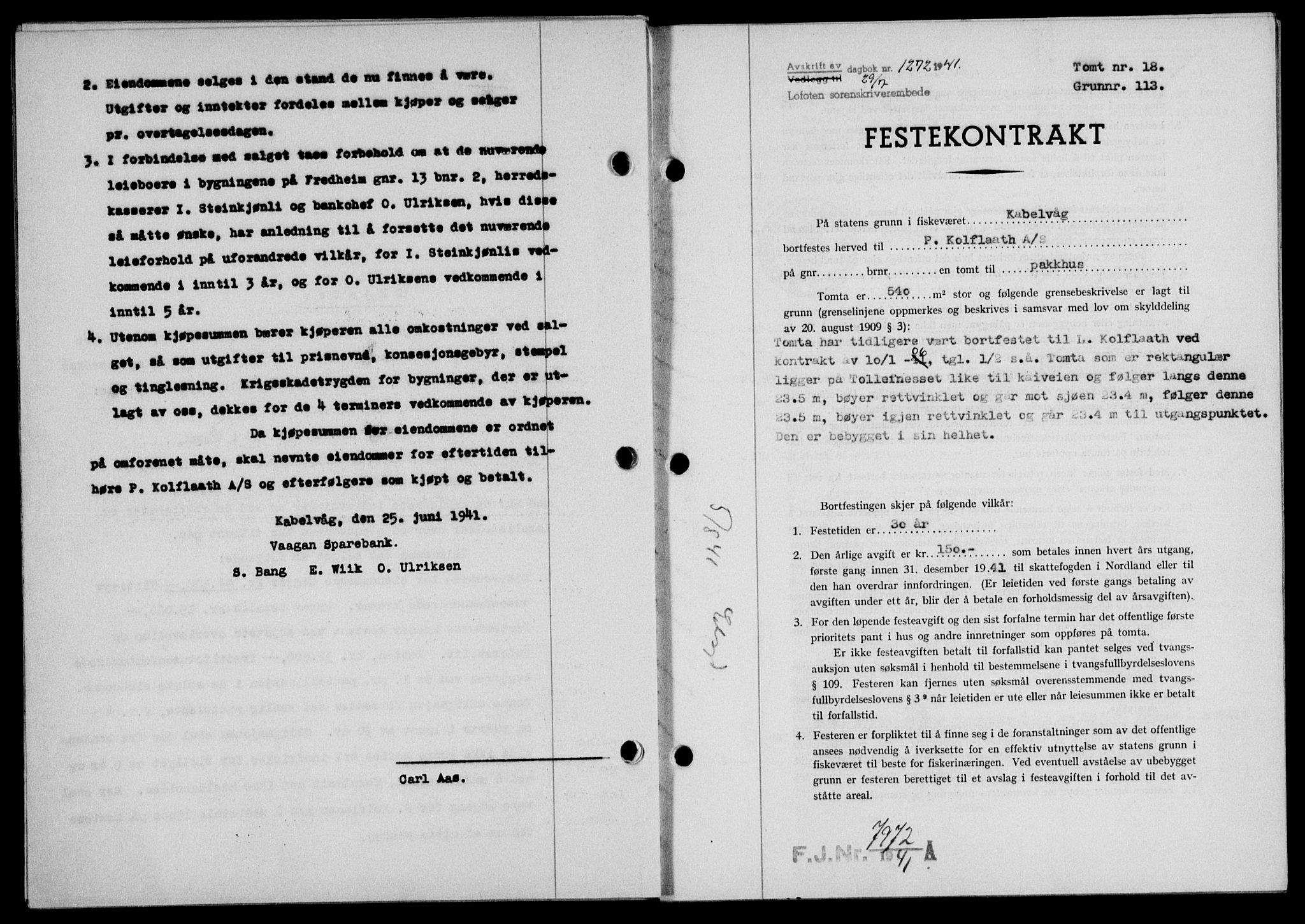 Lofoten sorenskriveri, SAT/A-0017/1/2/2C/L0008a: Mortgage book no. 8a, 1940-1941, Diary no: : 1272/1941