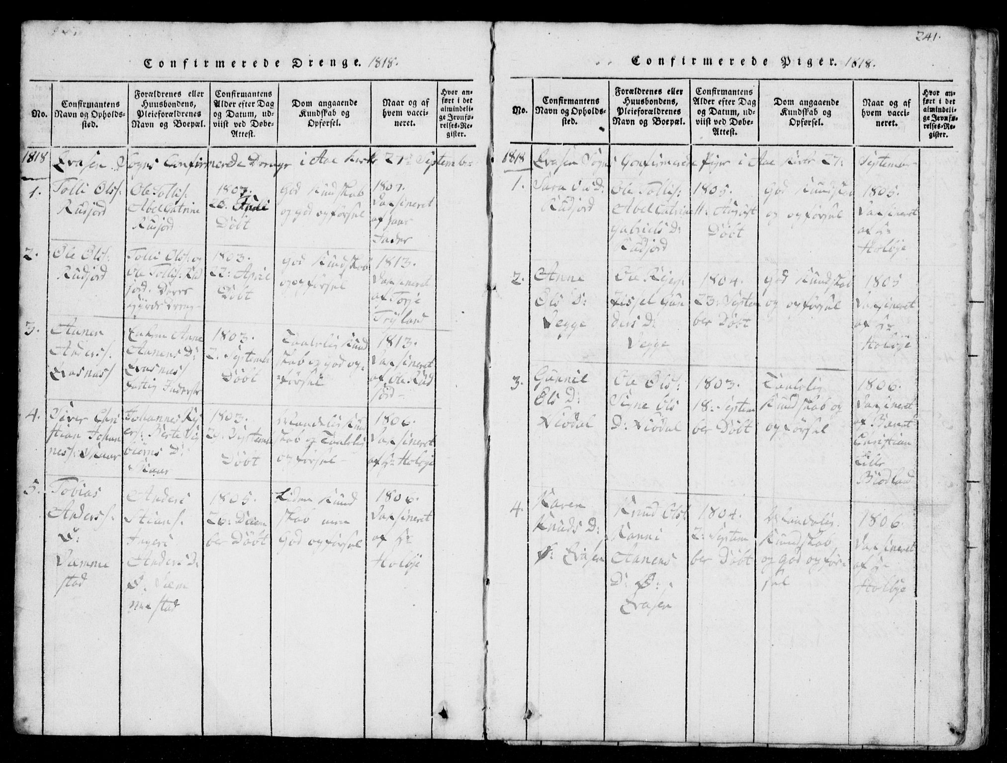 Lyngdal sokneprestkontor, SAK/1111-0029/F/Fb/Fbb/L0001: Parish register (copy) no. B 1, 1816-1900, p. 241