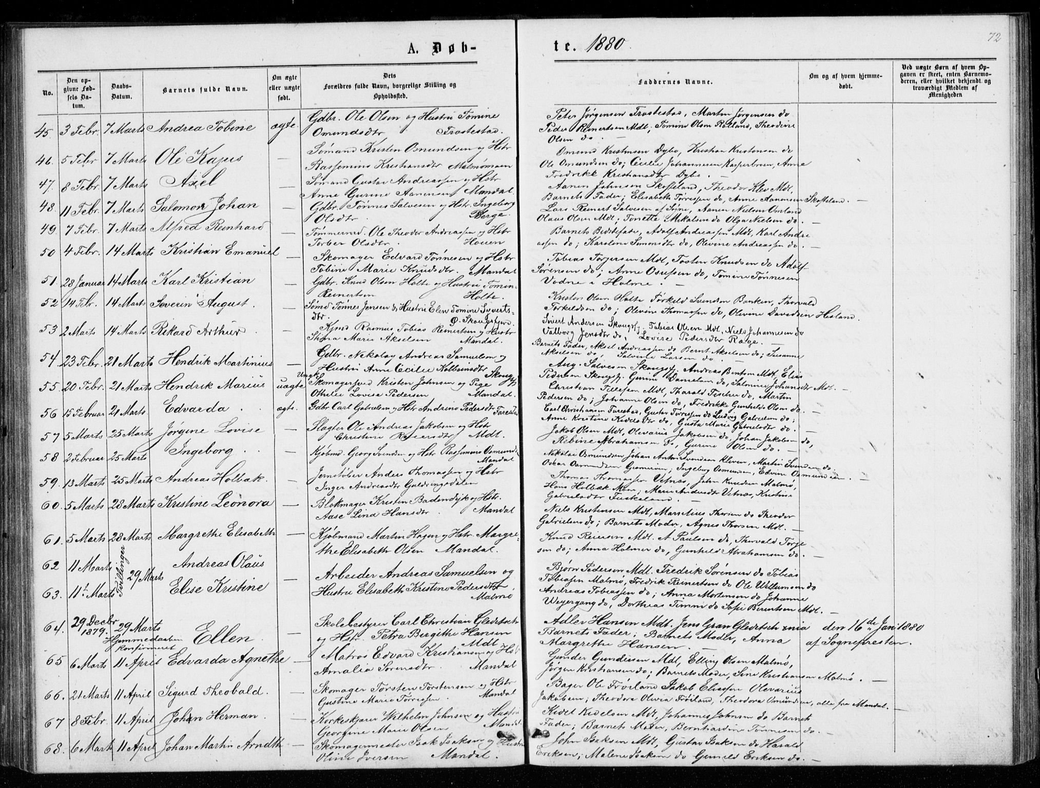 Mandal sokneprestkontor, SAK/1111-0030/F/Fb/Fba/L0010: Parish register (copy) no. B 4, 1876-1880, p. 72