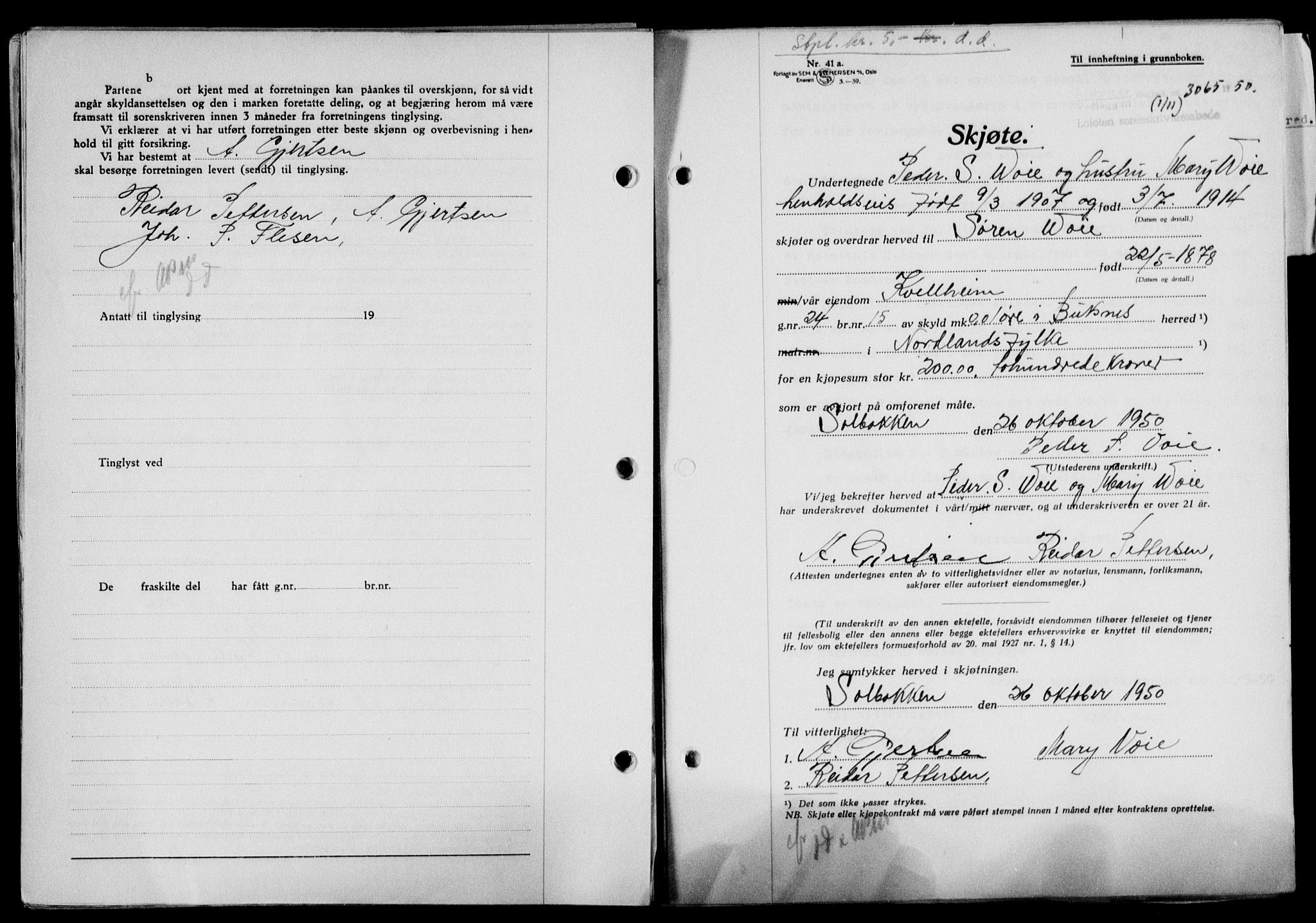 Lofoten sorenskriveri, SAT/A-0017/1/2/2C/L0024a: Mortgage book no. 24a, 1950-1950, Diary no: : 3065/1950