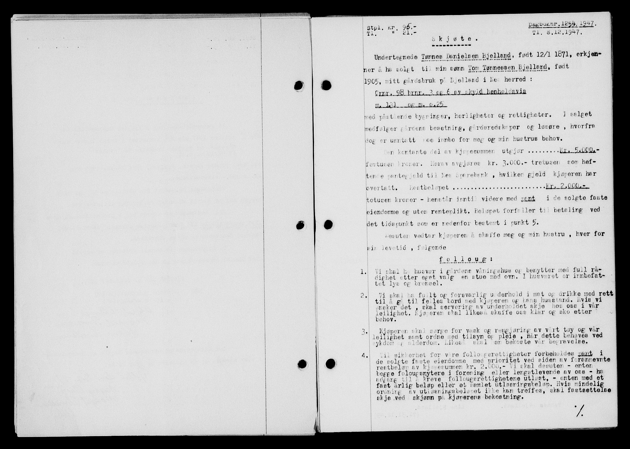 Flekkefjord sorenskriveri, AV/SAK-1221-0001/G/Gb/Gba/L0063: Mortgage book no. A-11, 1947-1948, Diary no: : 1254/1947