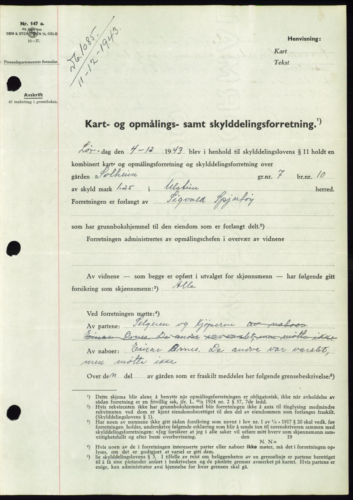 Søre Sunnmøre sorenskriveri, AV/SAT-A-4122/1/2/2C/L0075: Mortgage book no. 1A, 1943-1943, Diary no: : 1085/1943